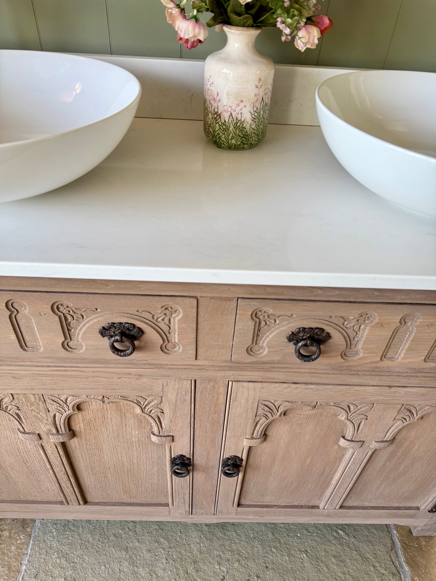 Beautiful Oak Vanity Sink, Carrara Quartz top, Upstand and two basins. (128 cm wide)