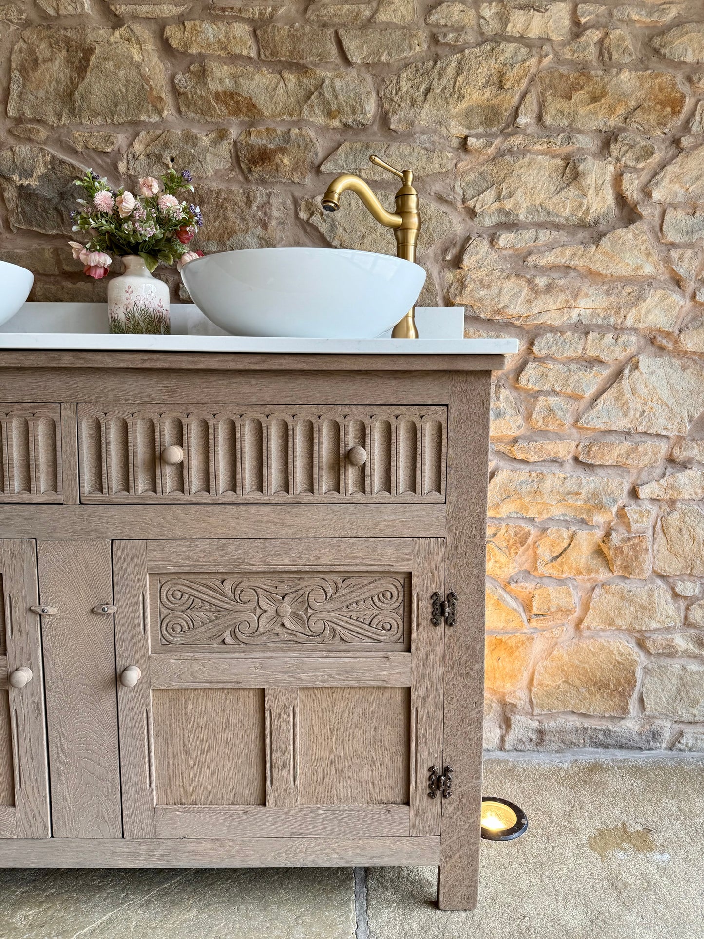 Solid Oak Double Vanity Sink Unit, Quartz Top, Upstand and two basins. (127cm wide)