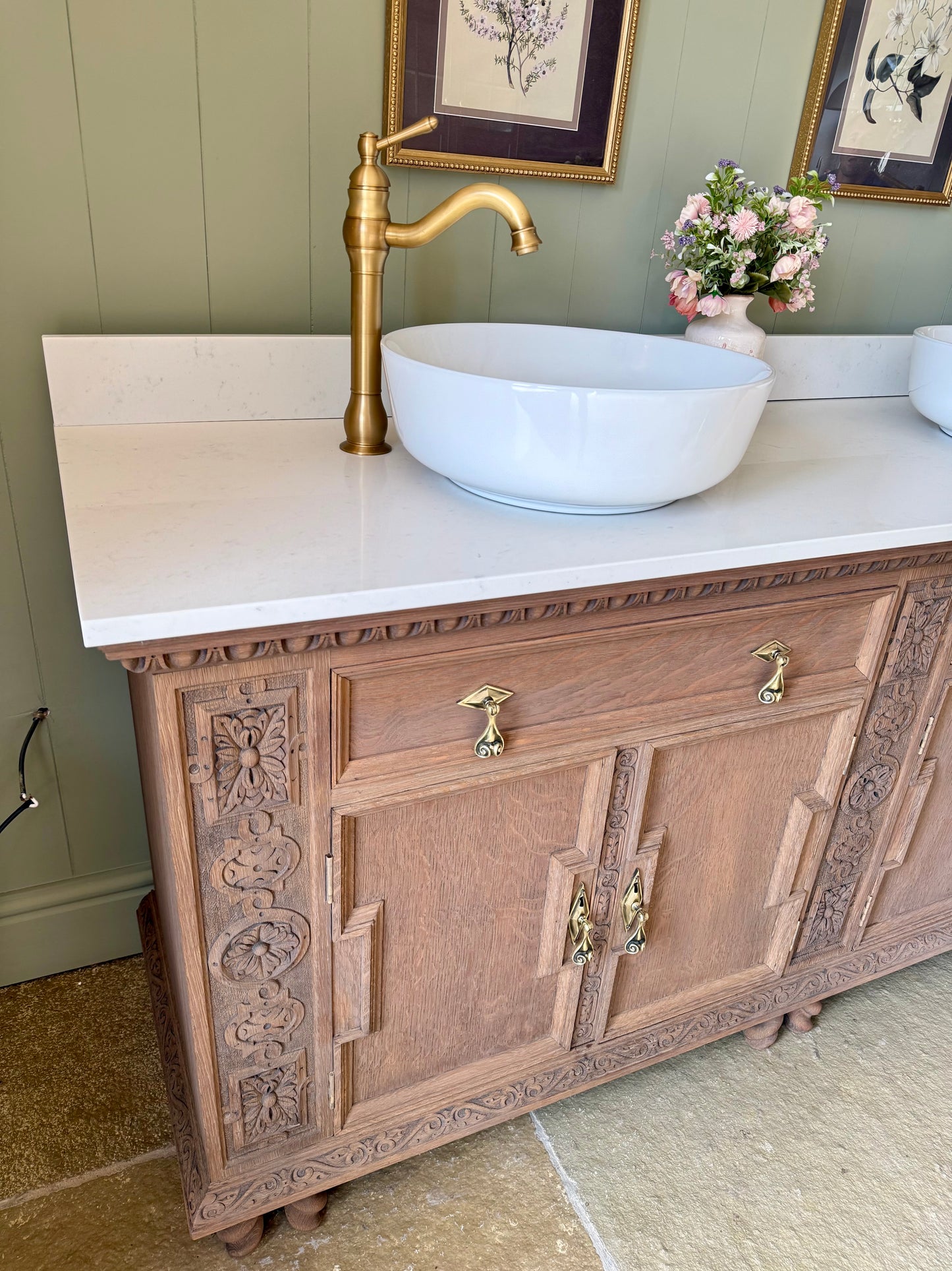 Large Mid Solid Oak Double Vanity Sink, Quartz top, Upstand and two basins. ( 185cm wide)
