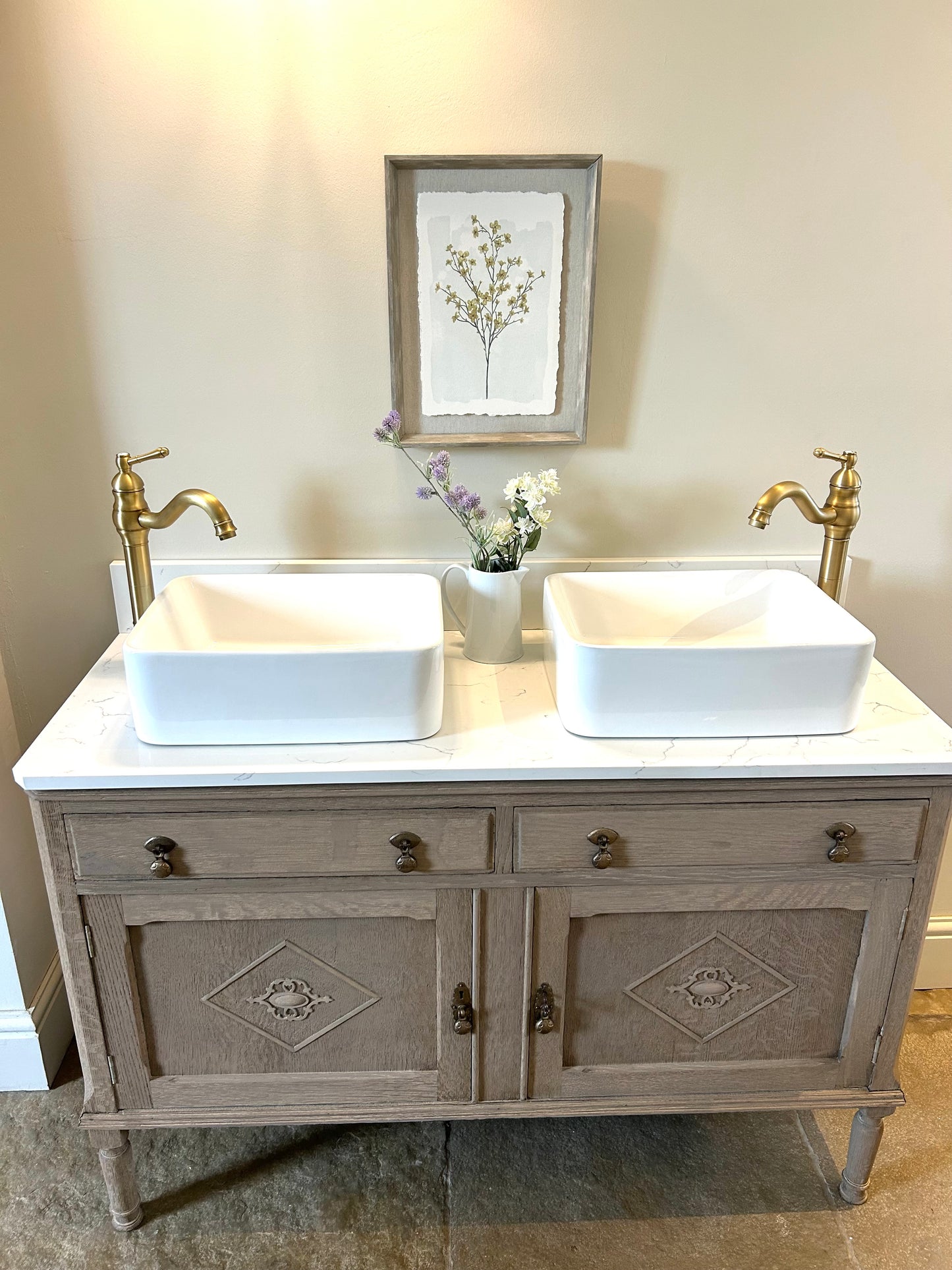 Vintage Double Vanity Sink. Solid Weathered Oak. Quartz/Marble top with Upstand.