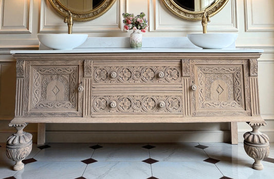 Antique Ornate Solid Oak large, double vanity Sink, Carrara Quartz top, Upstand and two basins. (185cm wide)