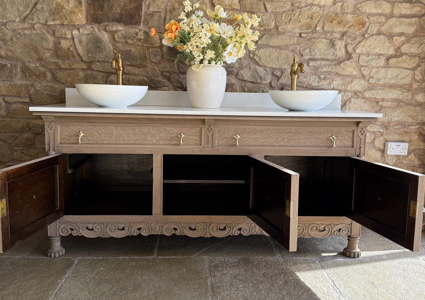 Large Double Vanity Sink, Quartz Top, Upstand and two basins (185cm wide)