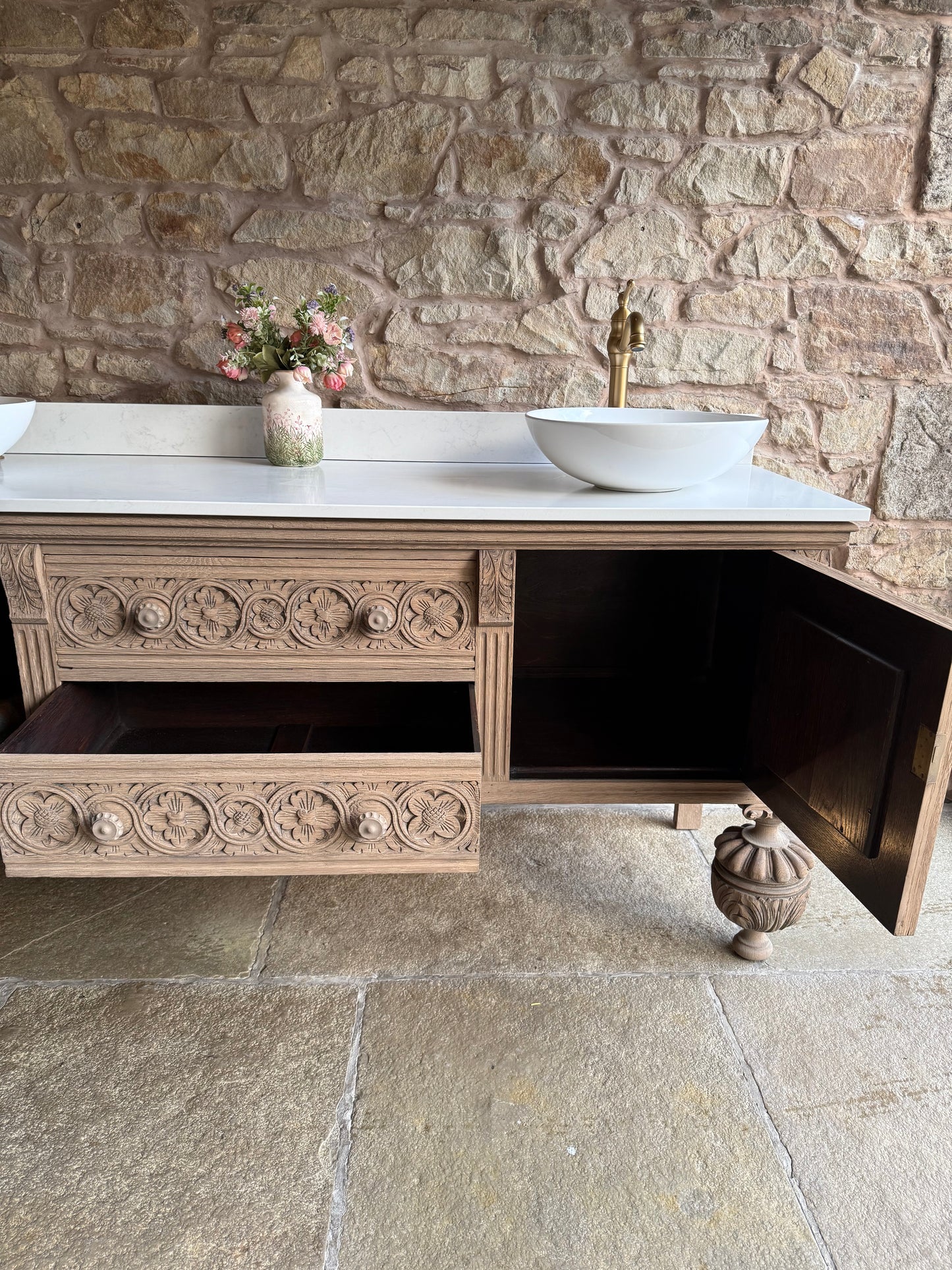 Antique Ornate Solid Oak large, double vanity Sink, Carrara Quartz top, Upstand and two basins. (185cm wide)