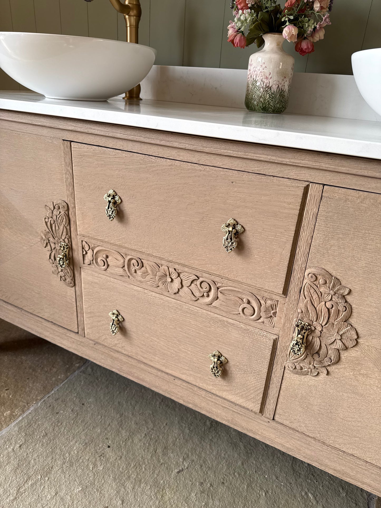 Beautiful, Vintage Solid Oak , Double Vanity Sink, Carrara Quartz top, Upstand and two basins (154.5cm wide)