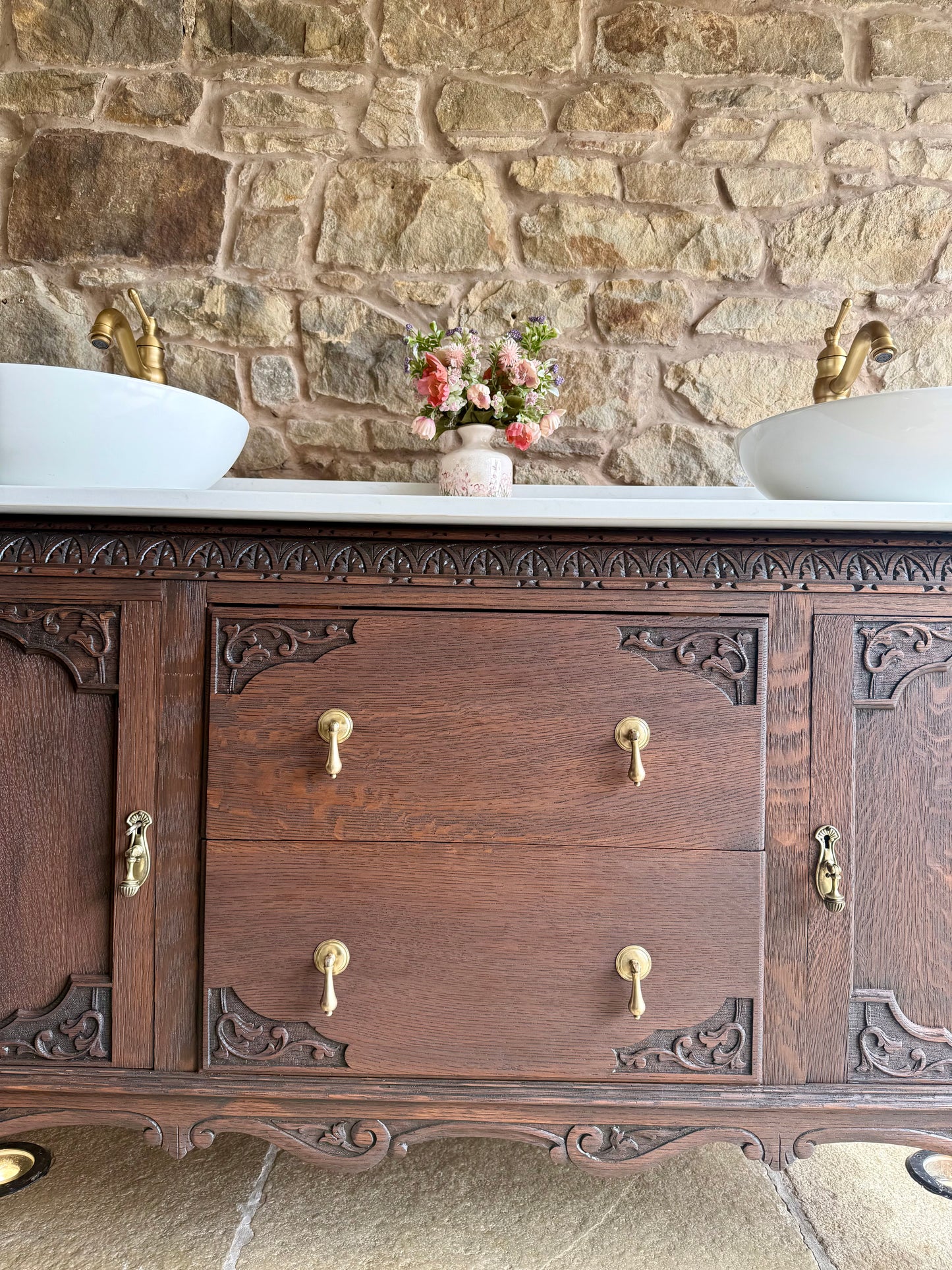 Heritage Dark Oak Vanity Unit, Quartz Top, Upstand and two basins (153cm)
