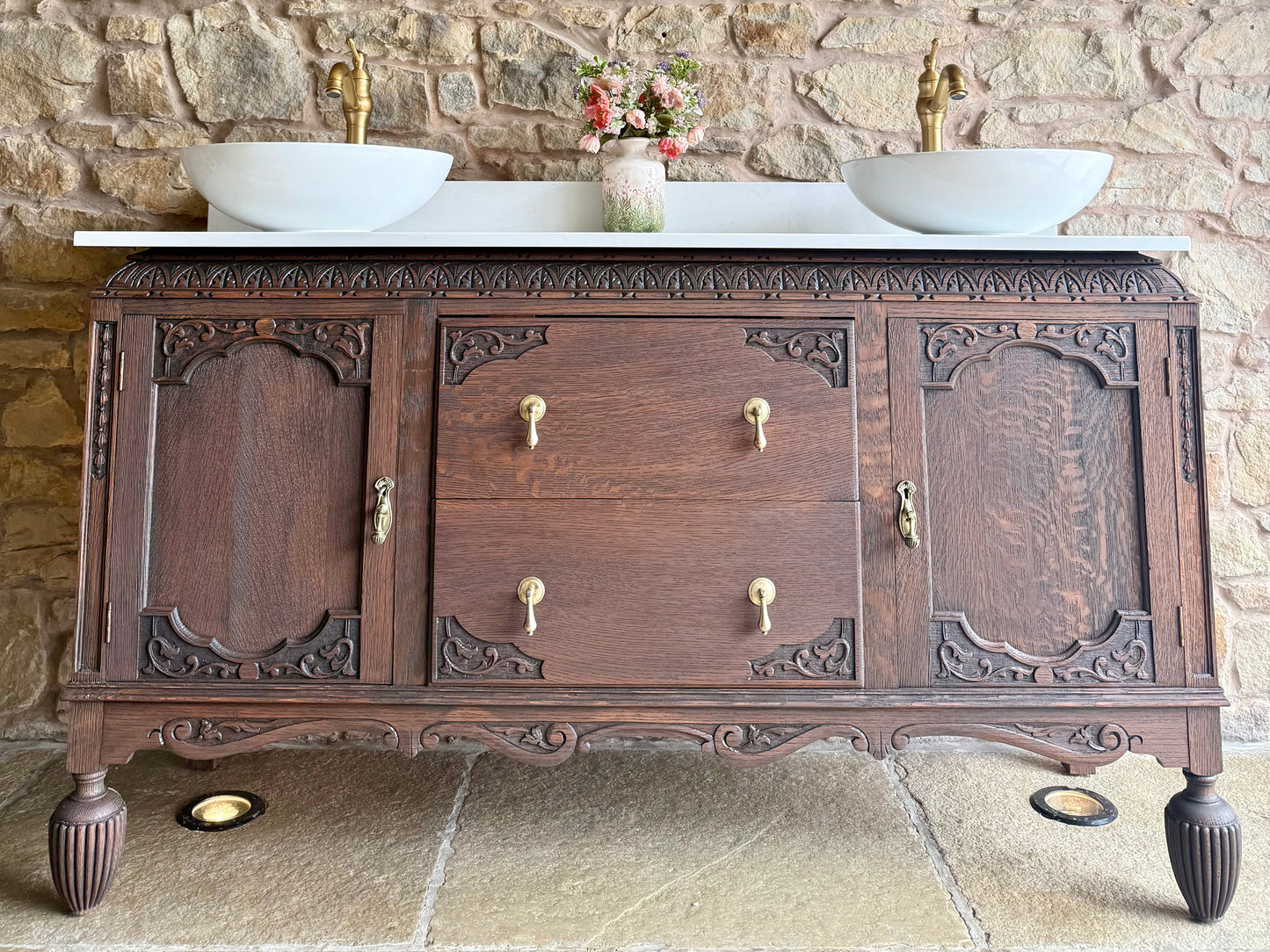 Heritage Dark Oak Vanity Unit, Quartz Top, Upstand and two basins (153cm)