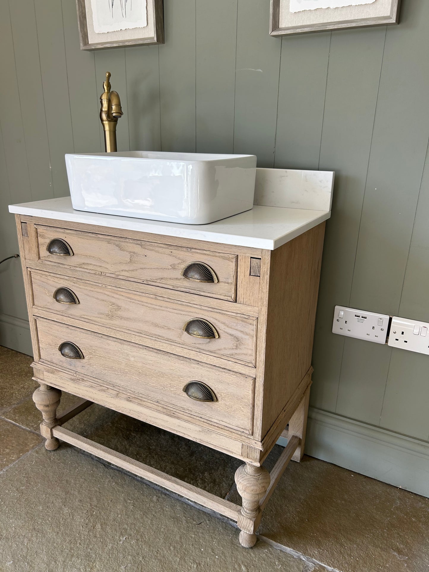 Small vintage  Quartz topped vanity sink in a light weathered Oak. 76cm wide