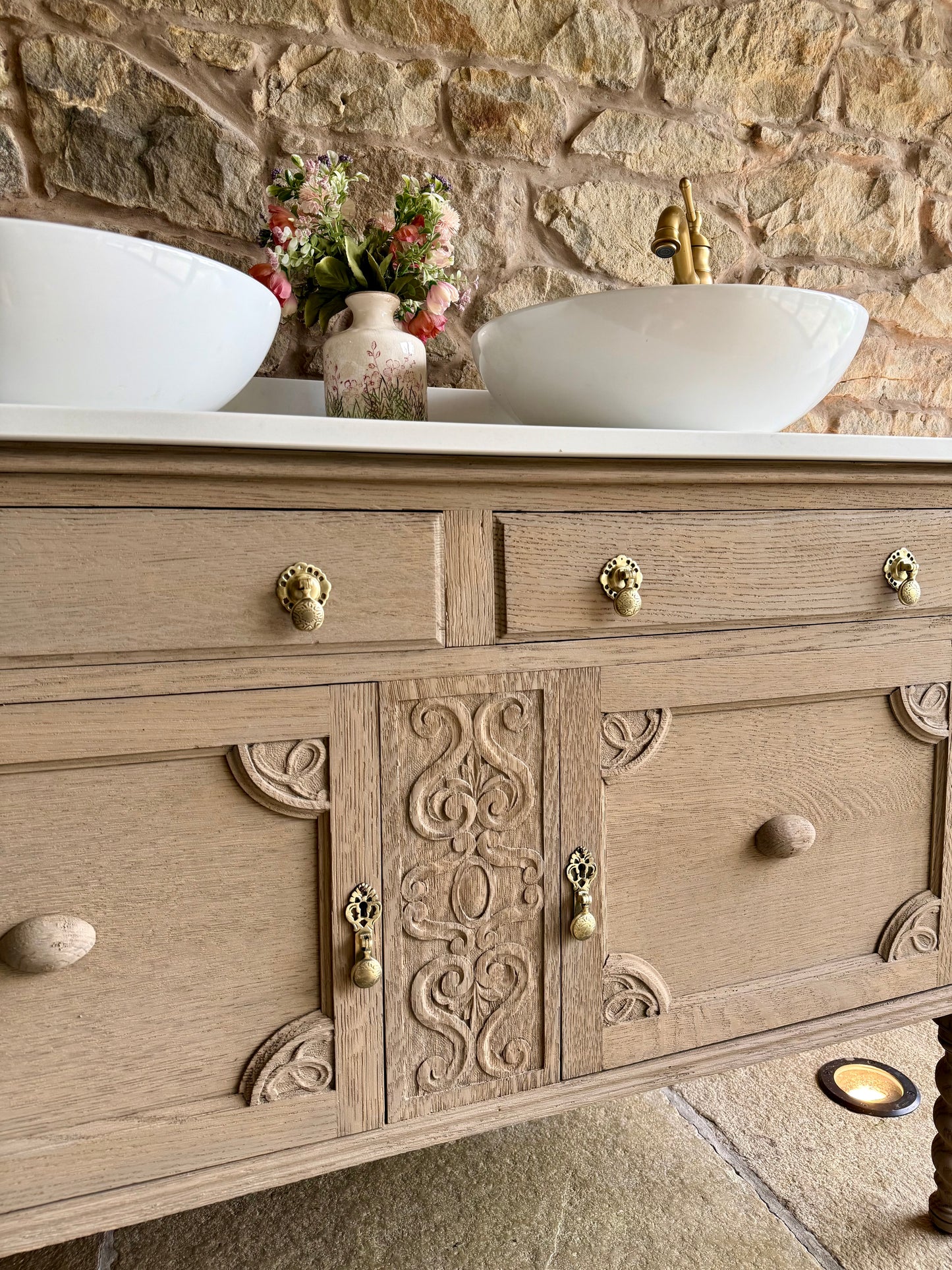 Vintage Light Oak Double Vanity Sink Unit, Carrara Quartz Top, Upstand and Basins (121cm wide)