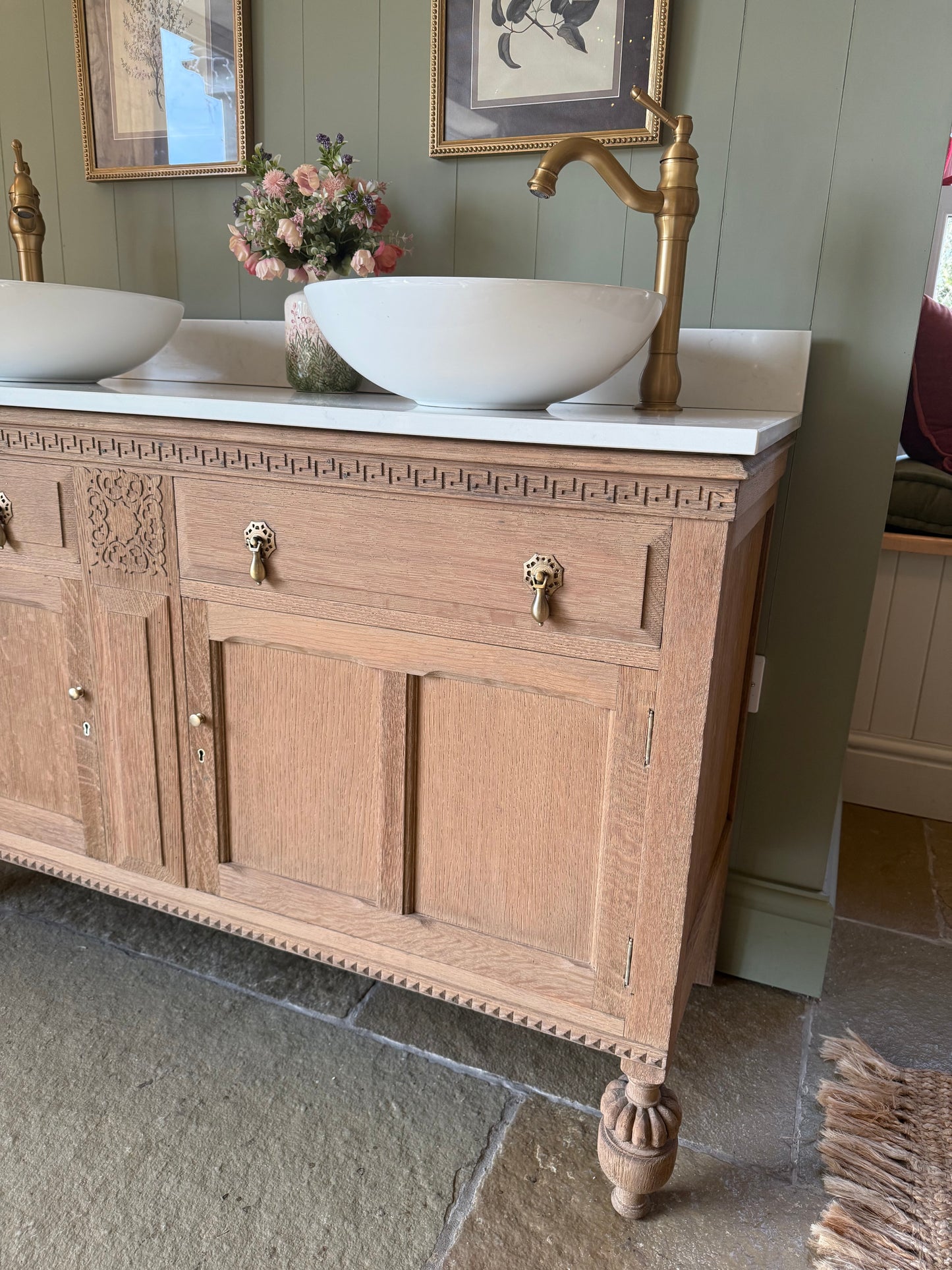 Oak Vanity Sink, Carrara Quartz Top, two basins and Upstand (138cm)