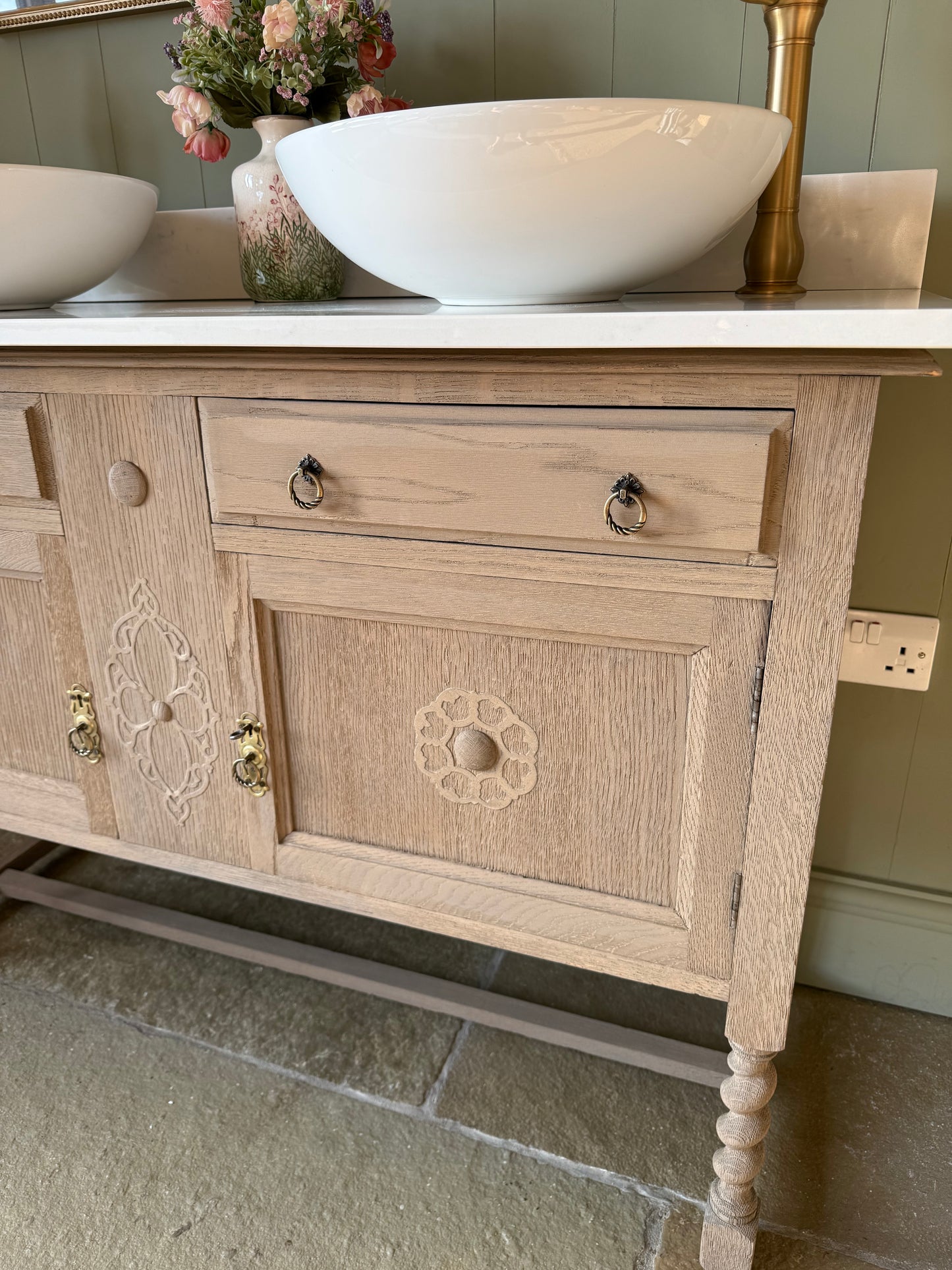 Light oak Vintage Double or Single Vanity Sink Unit, Quartz top, Upstand.