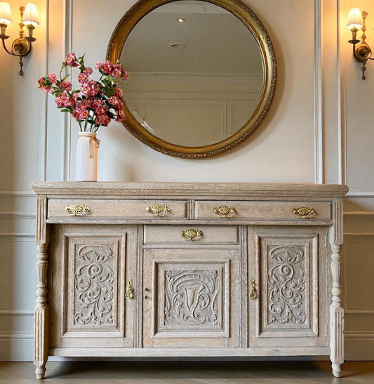 Antique Rustic Medium Sized Oak Sideboard with pretty carved detailing. (153cm wide)