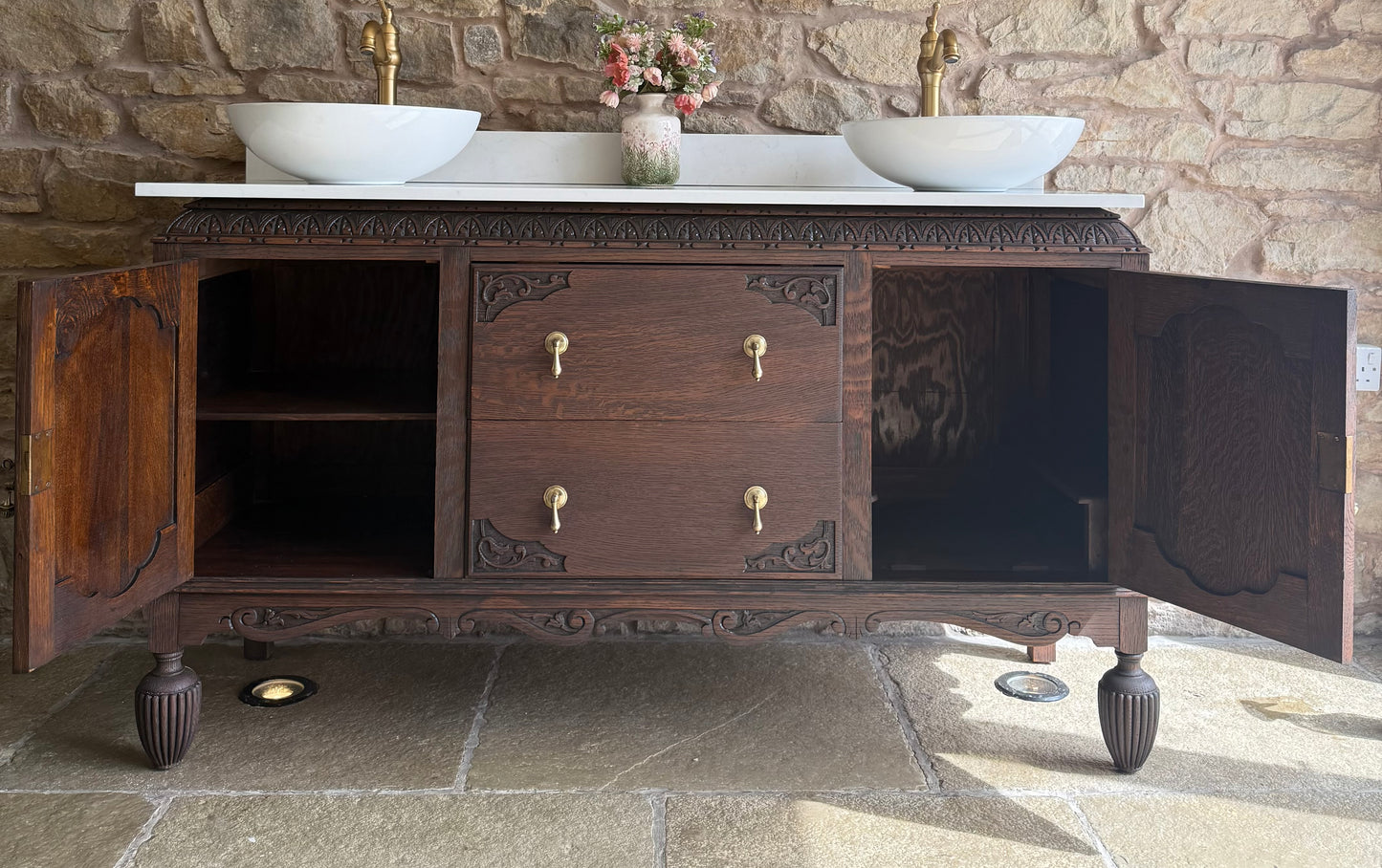 Heritage Dark Oak Vanity Unit, Quartz Top, Upstand and two basins (153cm)