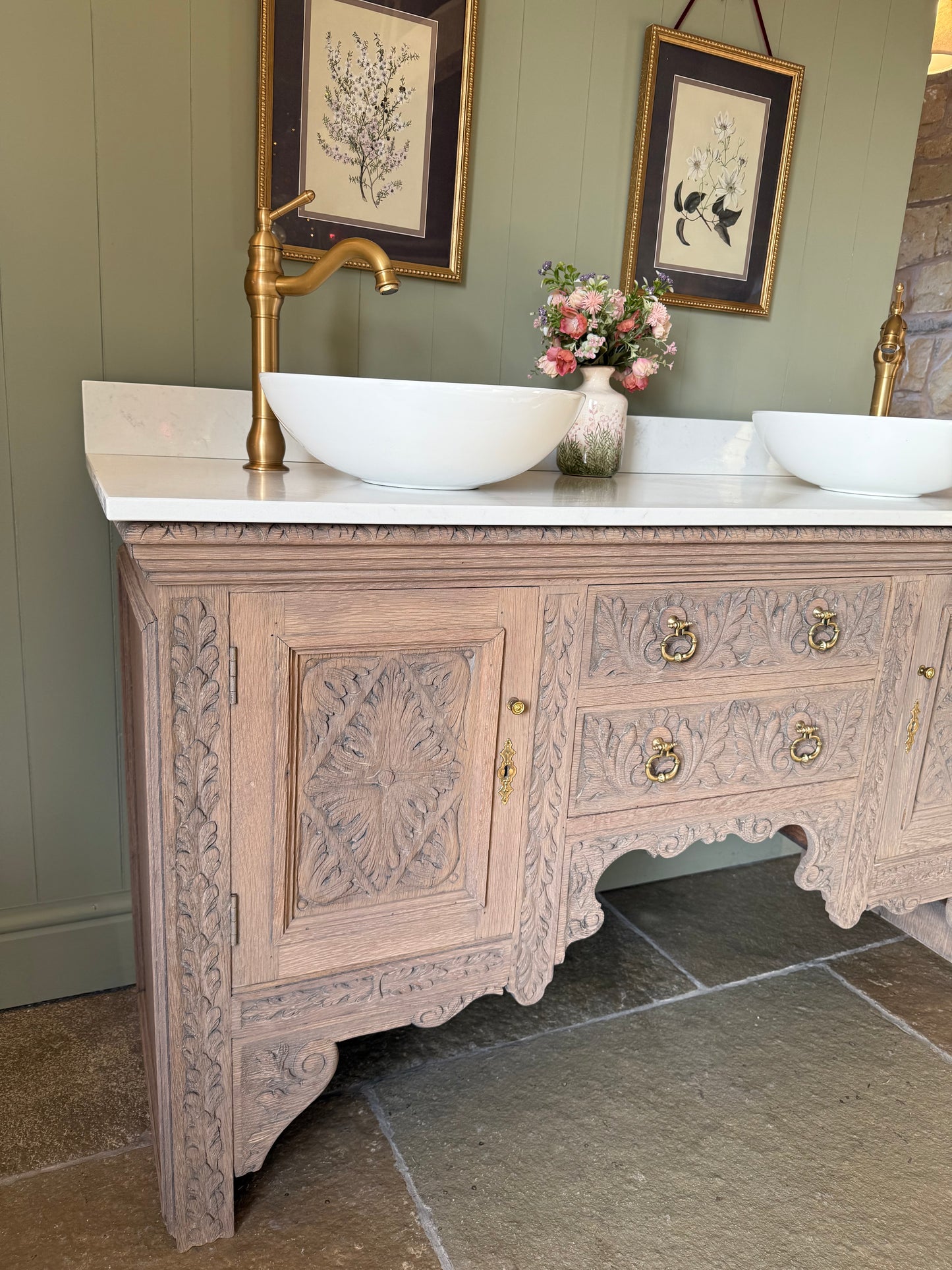 Large Pretty Antique Carved Oak vanity Sink, Carrara Quartz top, Upstand and two basins (154cm wide)