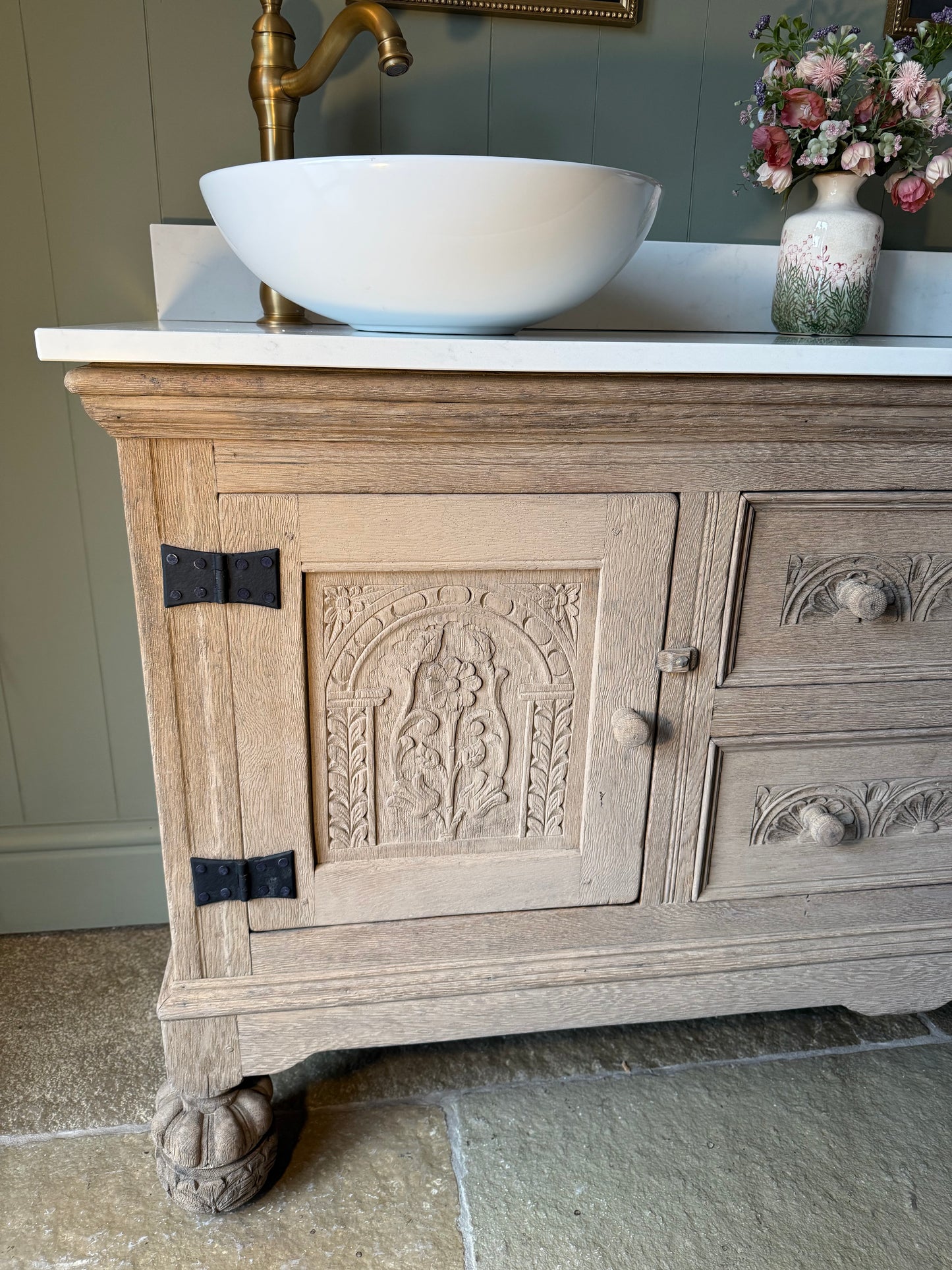 Vintage Solid Oak Double Vanity Sink Unit, Quartz Top, Upstand and two basins