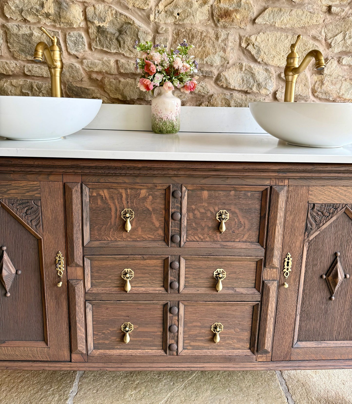 Classic Dark Oak Double Vanity Sink Unit, Quartz Top, Upstand and Two Basins (138cm wide)