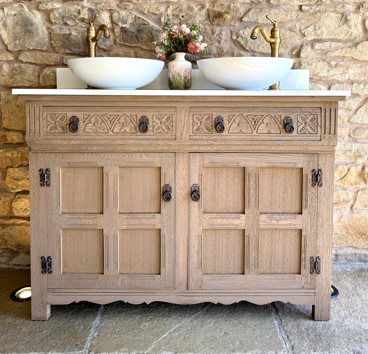 Rustic Oak Vanity Sink Unit, Quartz top, Upstand and two basins(124cm)