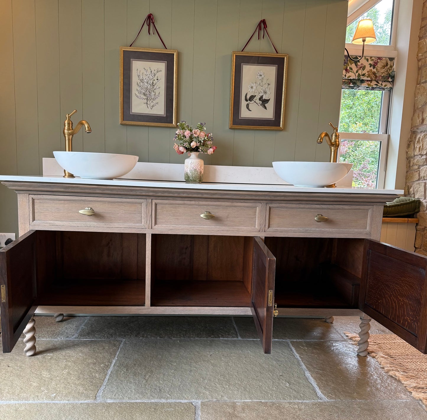 Extra Large Vintage Double Vanity Sink, Carrara Quartz top, Upstand and two basins. Solid Light Oak. (185cm wide)