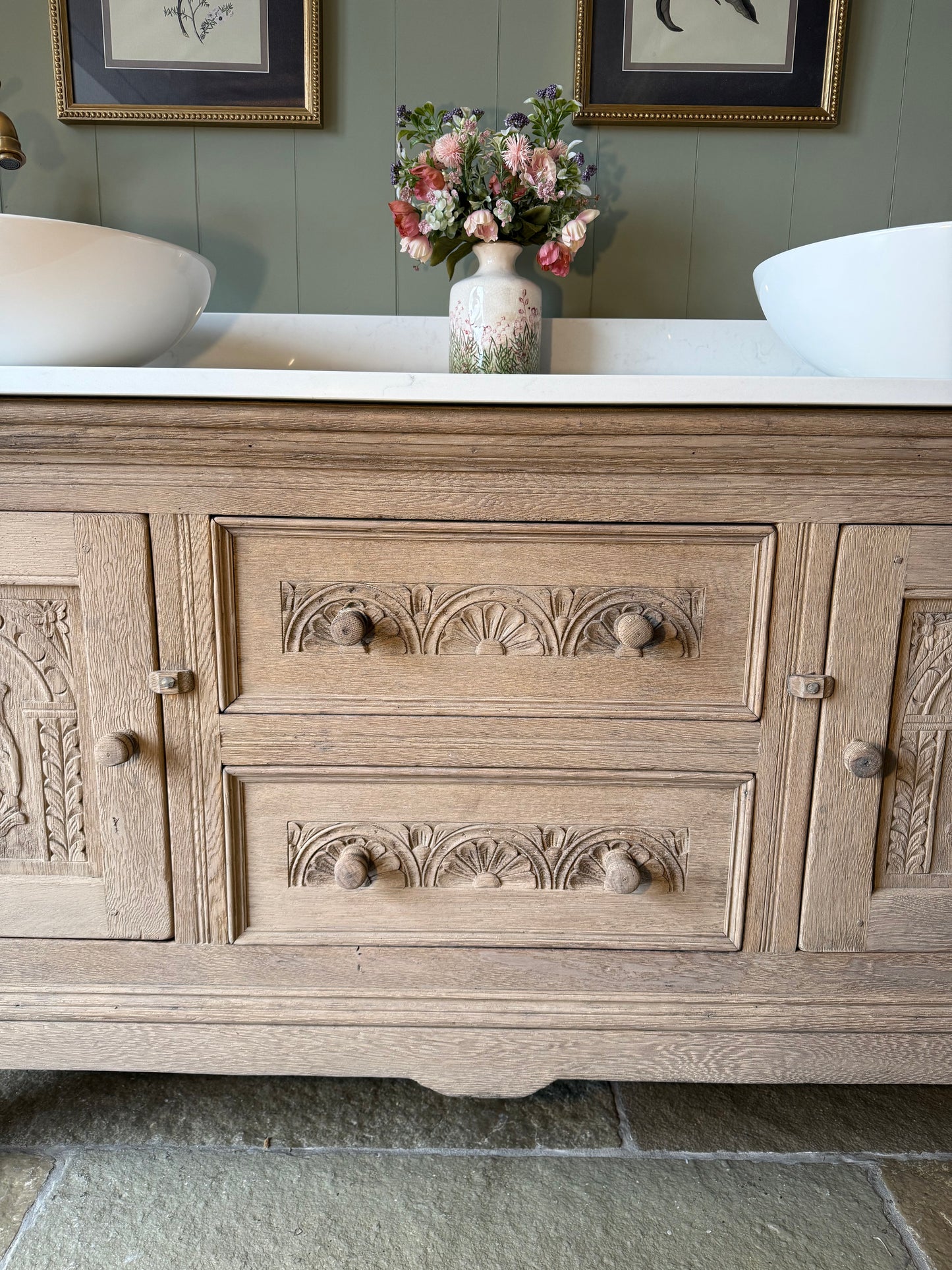 Vintage Solid Oak Double Vanity Sink Unit, Quartz Top, Upstand and two basins
