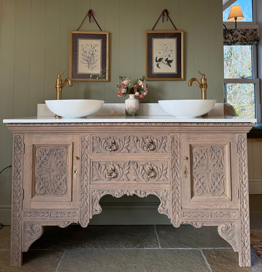 Large Pretty Antique Carved Oak vanity Sink, Carrara Quartz top, Upstand and two basins (154cm wide)