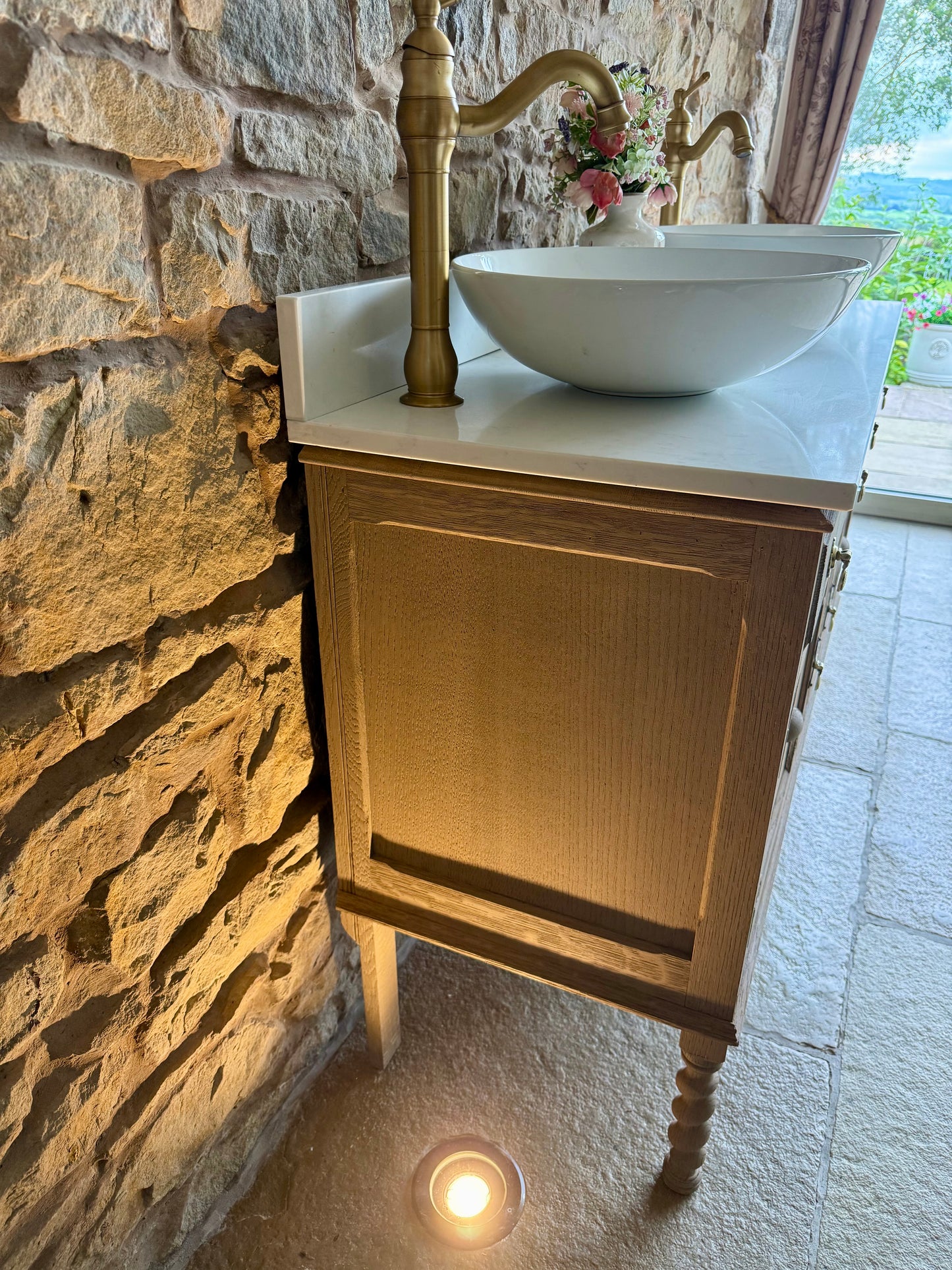 Vintage Light Oak Double Vanity Sink Unit, Carrara Quartz Top, Upstand and Basins (121cm wide)