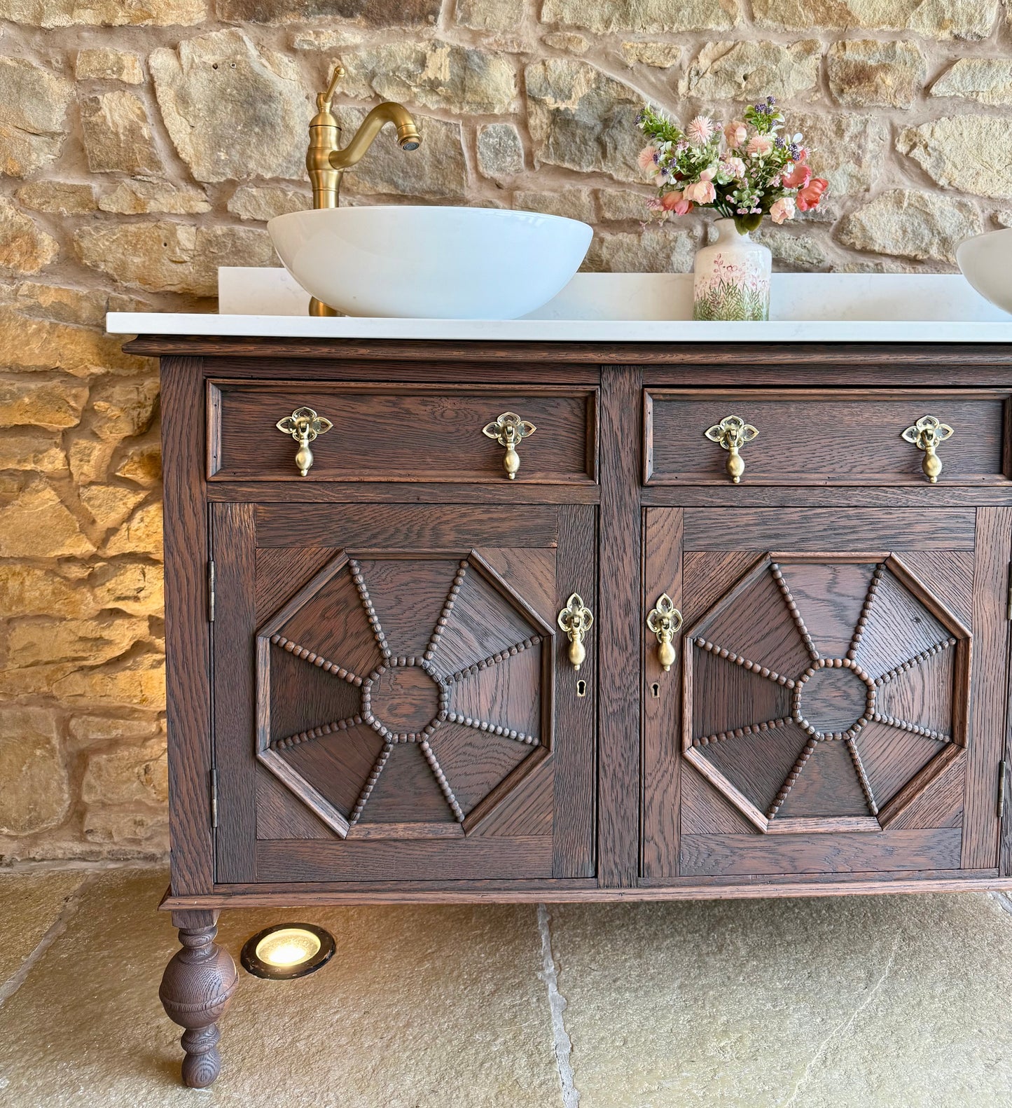 Large Vintage Vanity Sink in a Classic Dark Oak, Quartz Top, Upstand and Two Basins (154cm)