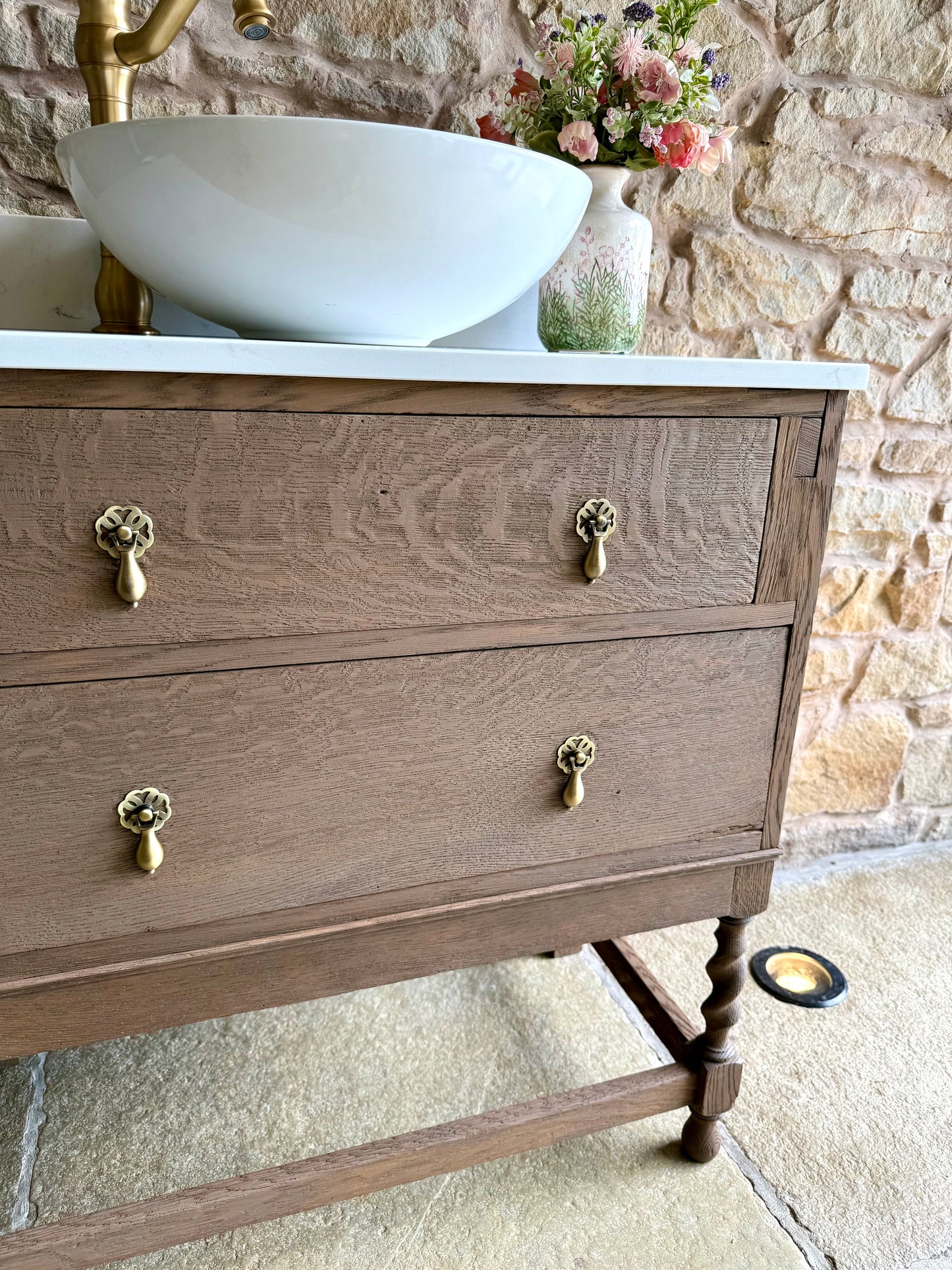 Vintage Oak Vanity Unit Quartz Top Upstand and Basin (79cm wide)