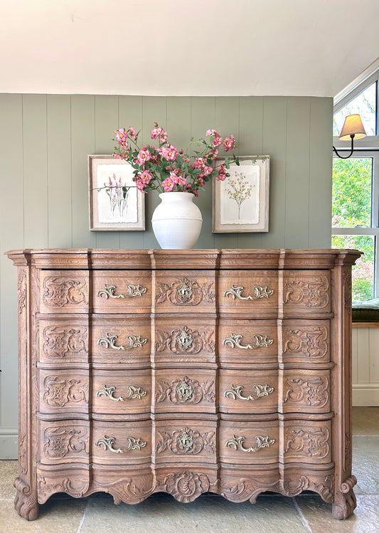 Large Antique French (c1890) Chest of Drawers, solid oak finished in a warm mid oak.