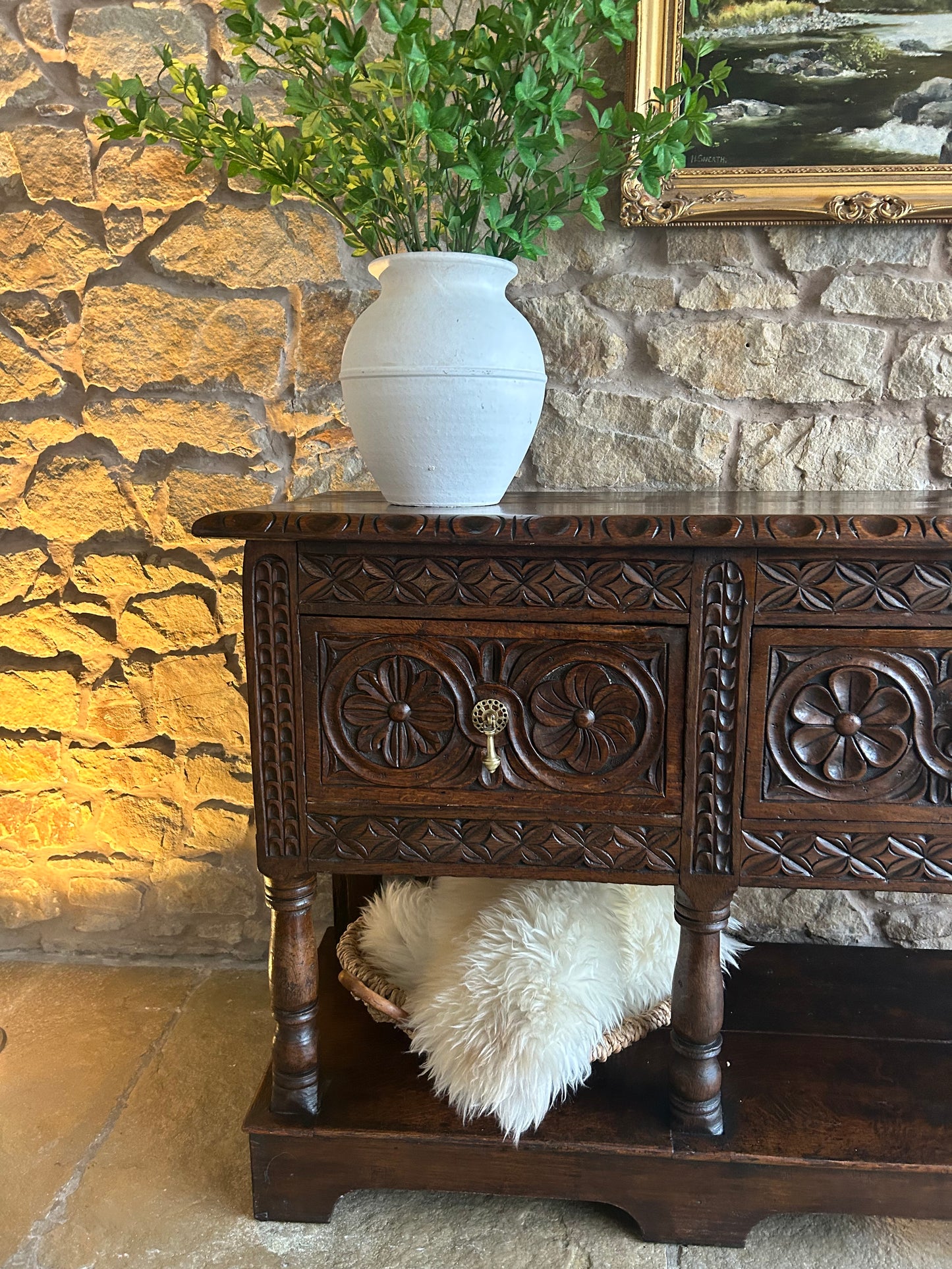 1700s Antique Solid Oak Console Table sideboard with beautiful hand carved detailing.