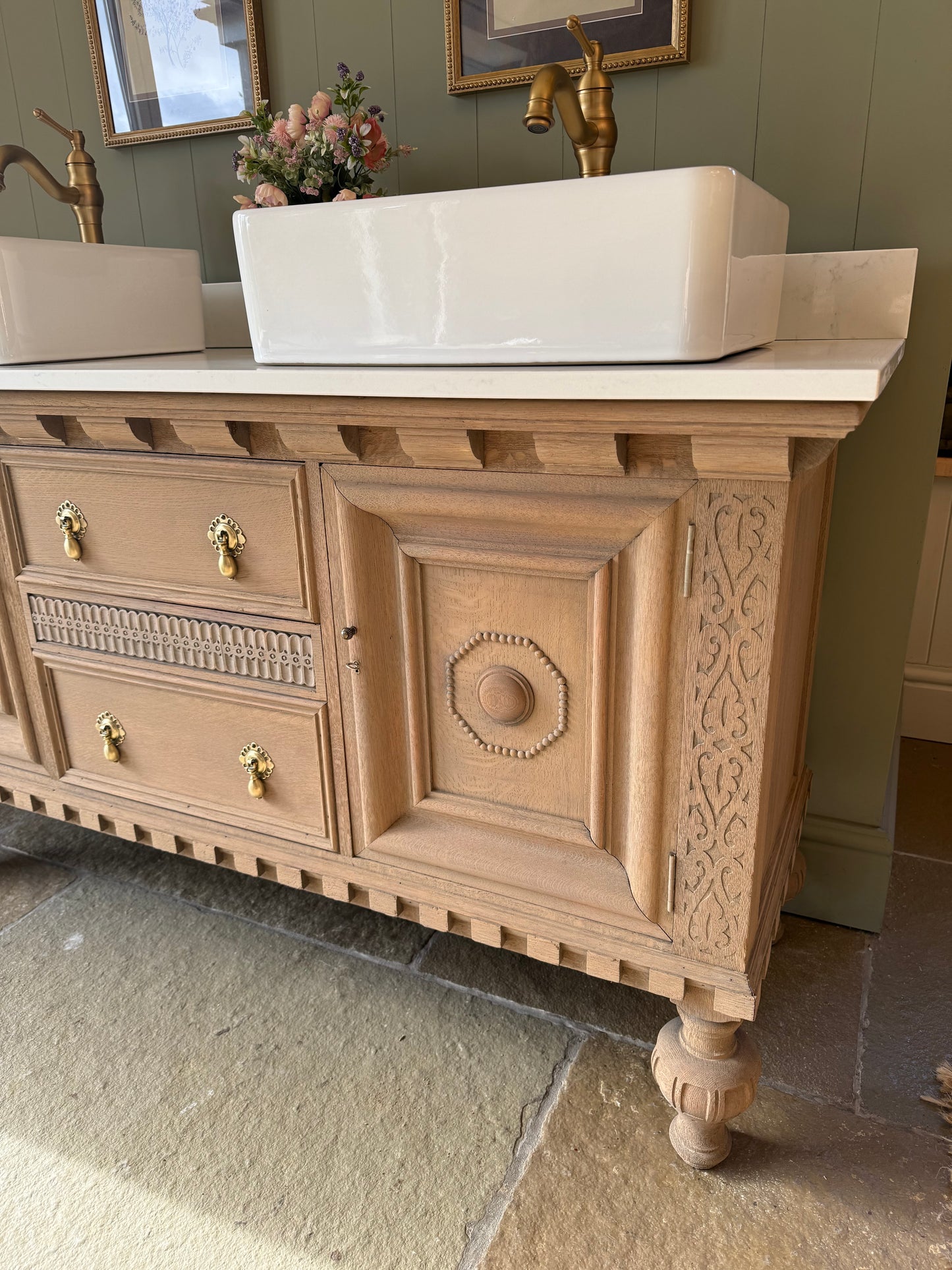 Large Vintage Solid Oak Vanity Sink unit, Carrara Quartz top, Upstand and two basins (choice of rectangular or circular) 154cm wide.