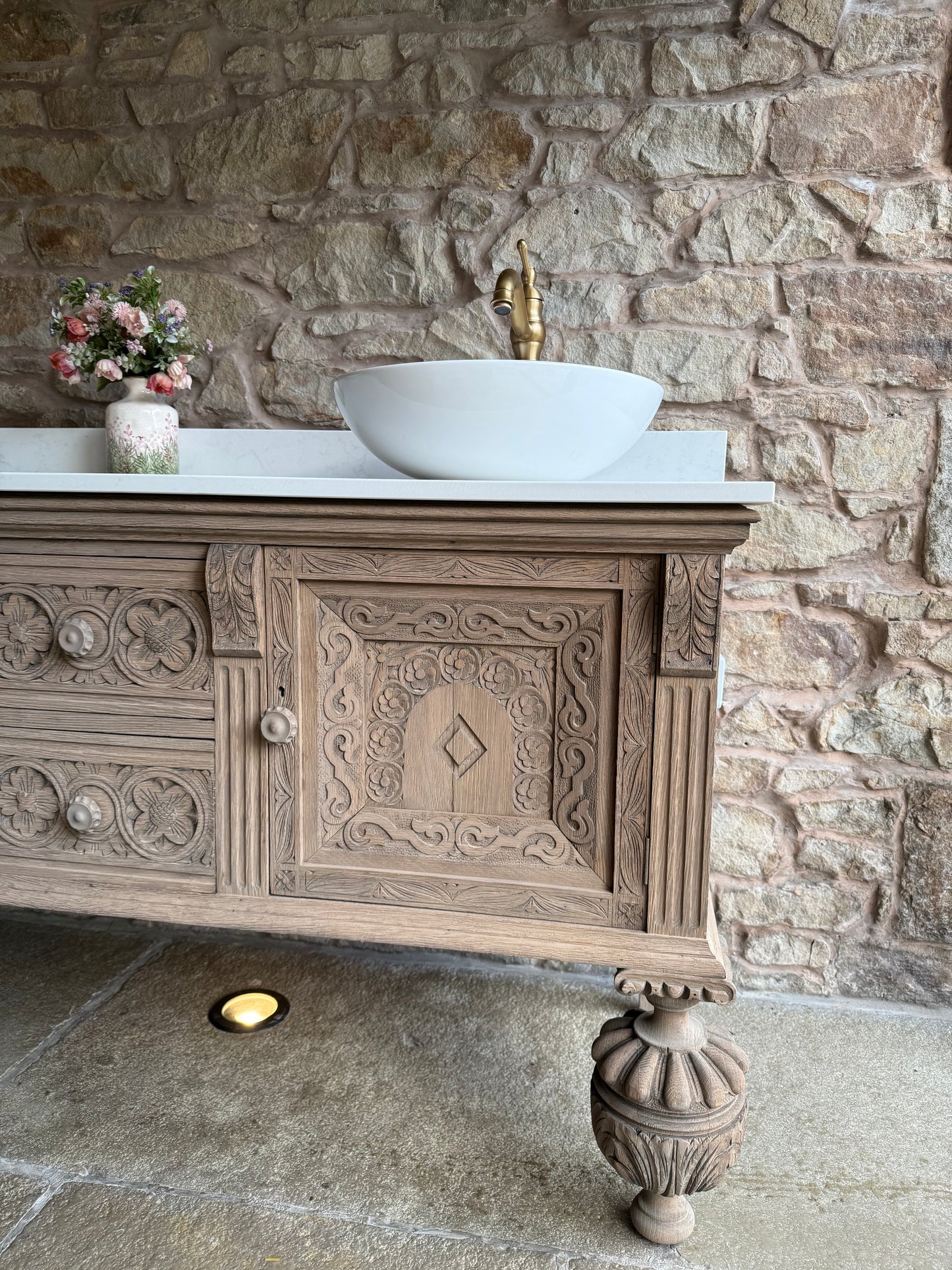 Antique Ornate Solid Oak large, double vanity Sink, Carrara Quartz top, Upstand and two basins. (185cm wide)