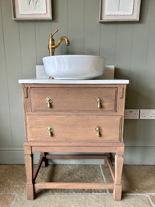 Small Mid Oak Vanity Sink, Carrara Quartz top, countertop basin and Upstand. (63cm wide)