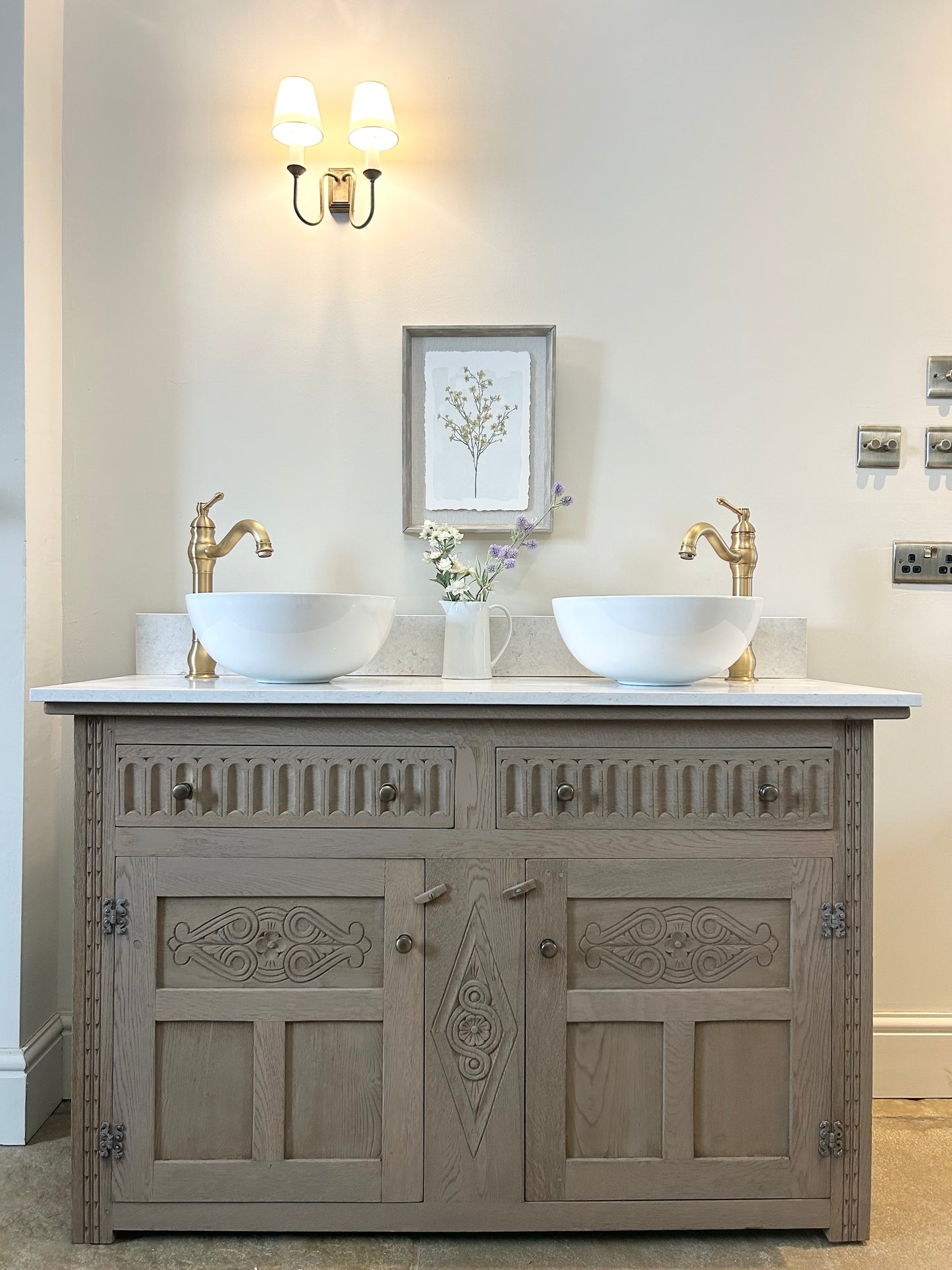 Large Rustic Vintage Double Vanity with Quartz top.