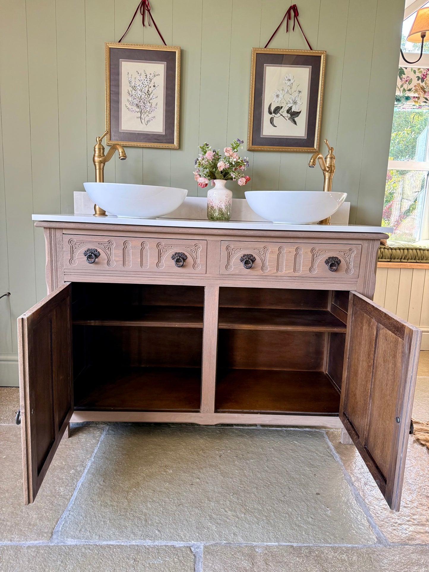 Beautiful Oak Vanity Sink, Carrara Quartz top, Upstand and two basins. (128 cm wide)