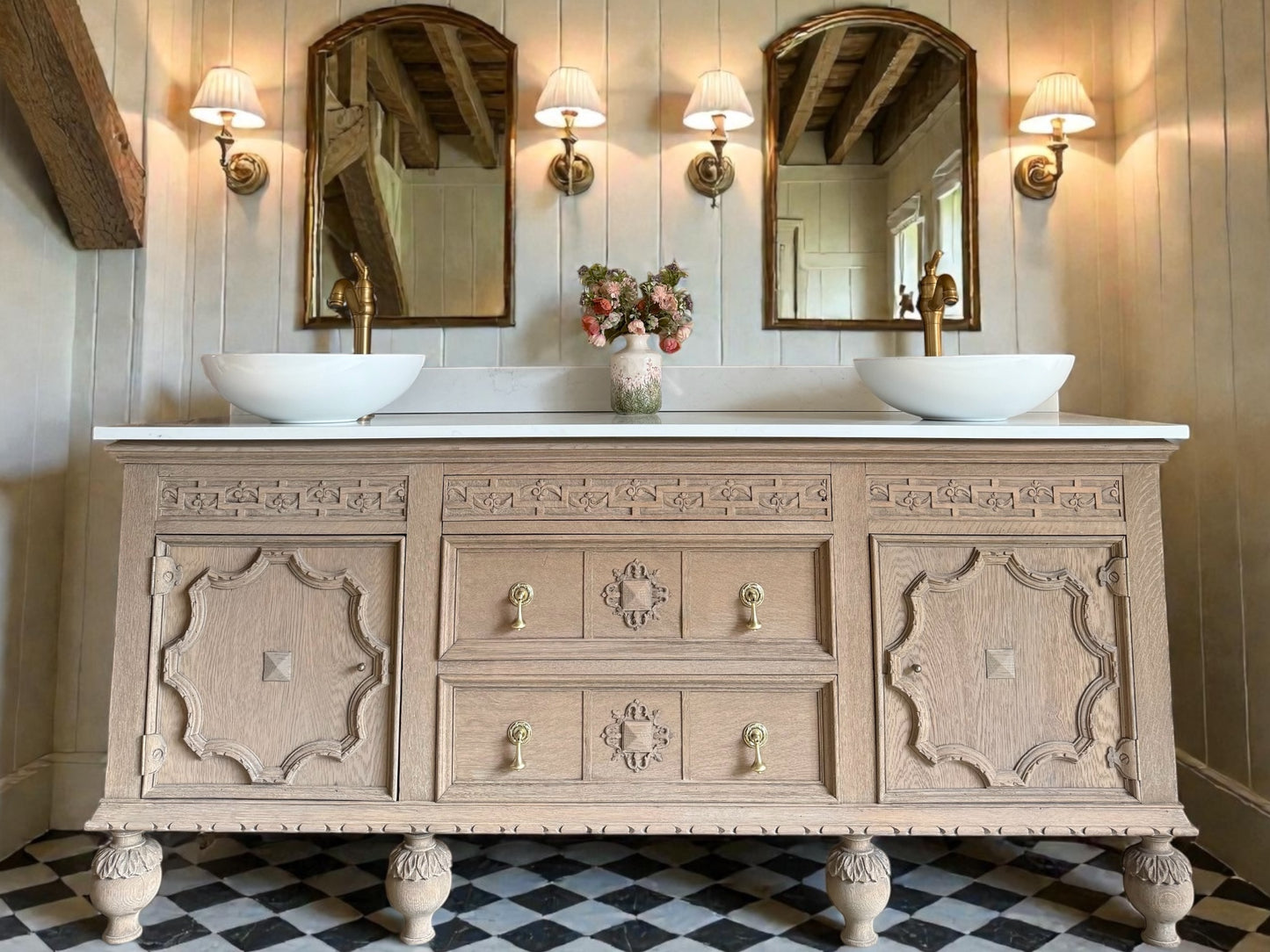 Rustic Large Double Vanity Sink Unit, Quartz top, Upstand and two basins (185cm wide)