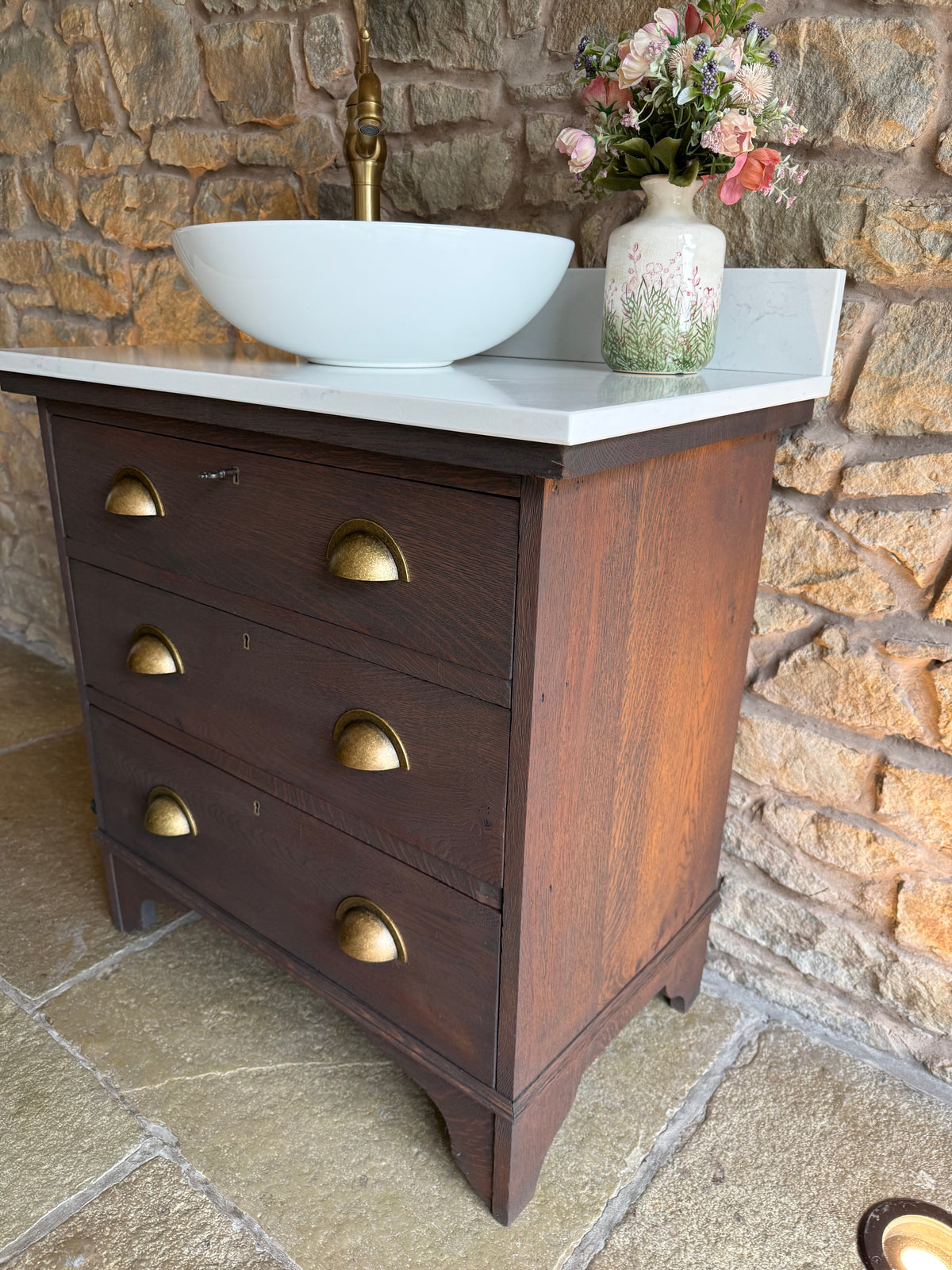 Vintage Solid Oak Vanity Sink Unit, in a Classic Dark Oak, Quartz Top, Upstand and Basin (79cm)