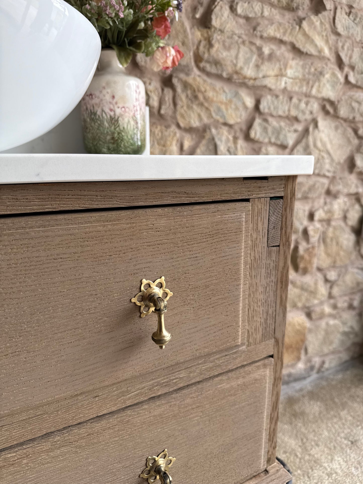 Small Vintage Oak Vanity Sink, Quartz Top, Upstand and Basin (75cm wide)