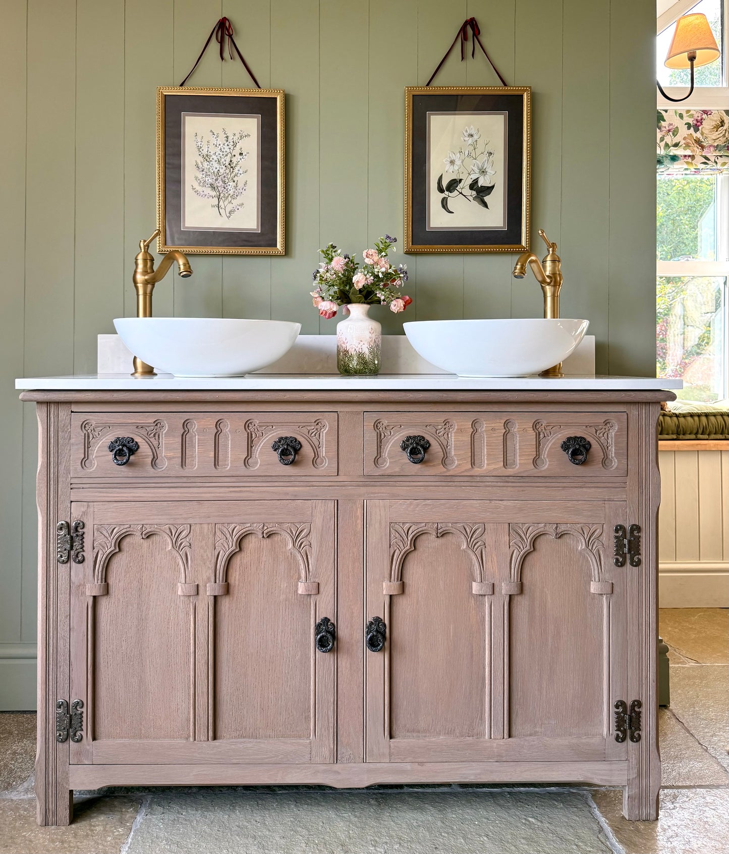 Beautiful Oak Vanity Sink, Carrara Quartz top, Upstand and two basins. (128 cm wide)