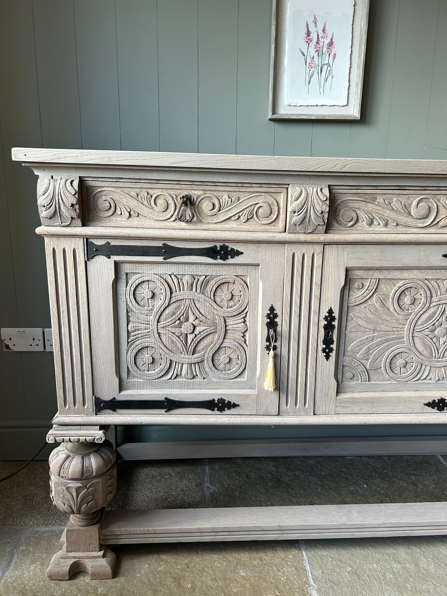 Large Ornate Carved Rustic Antique Sideboard.