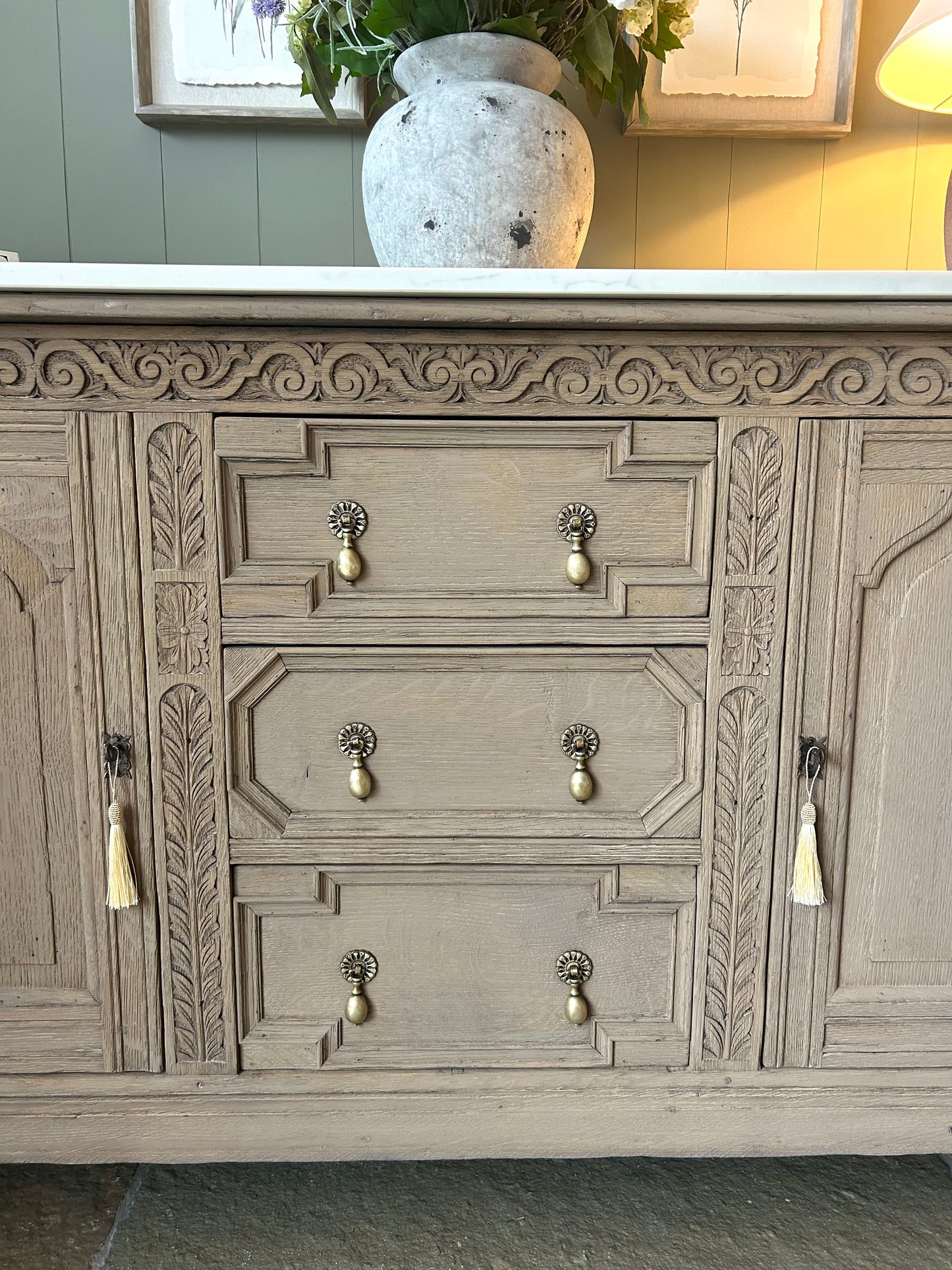 Large Antique Marble Quartz Top Sideboard finished in Weathered Oak Style.