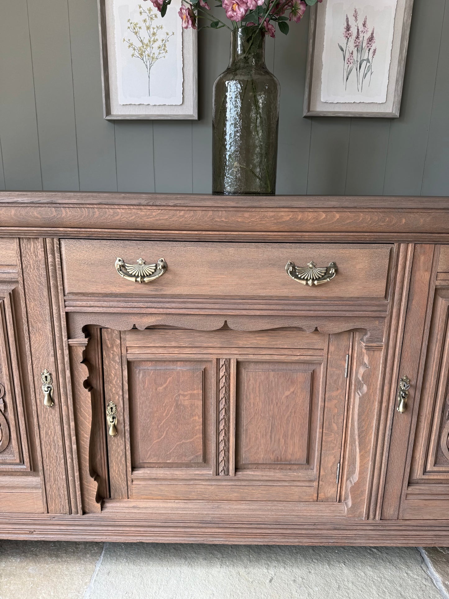 Large Antique Solid Oak Sideboard with beautiful carved detailing
