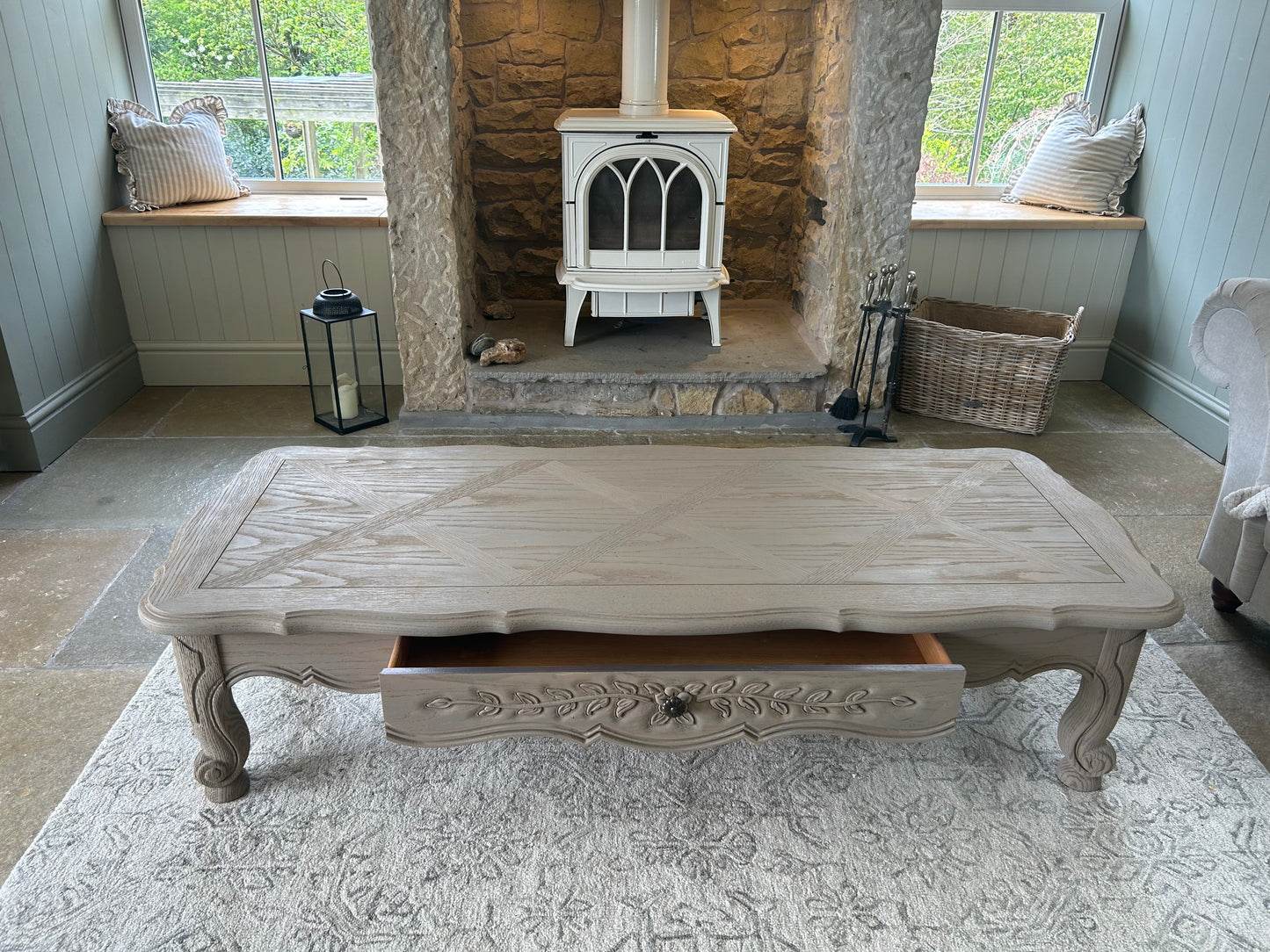 Large Solid Oak Coffee Table with carved detailing.