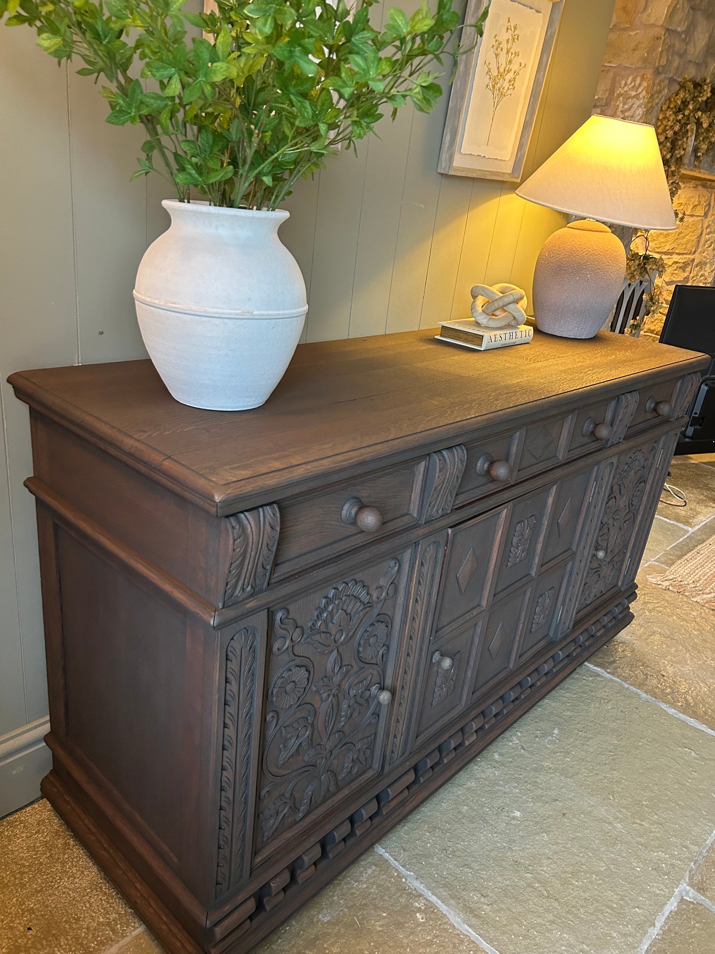 Large Antique Dark Oak Sideboard. Solid Oak