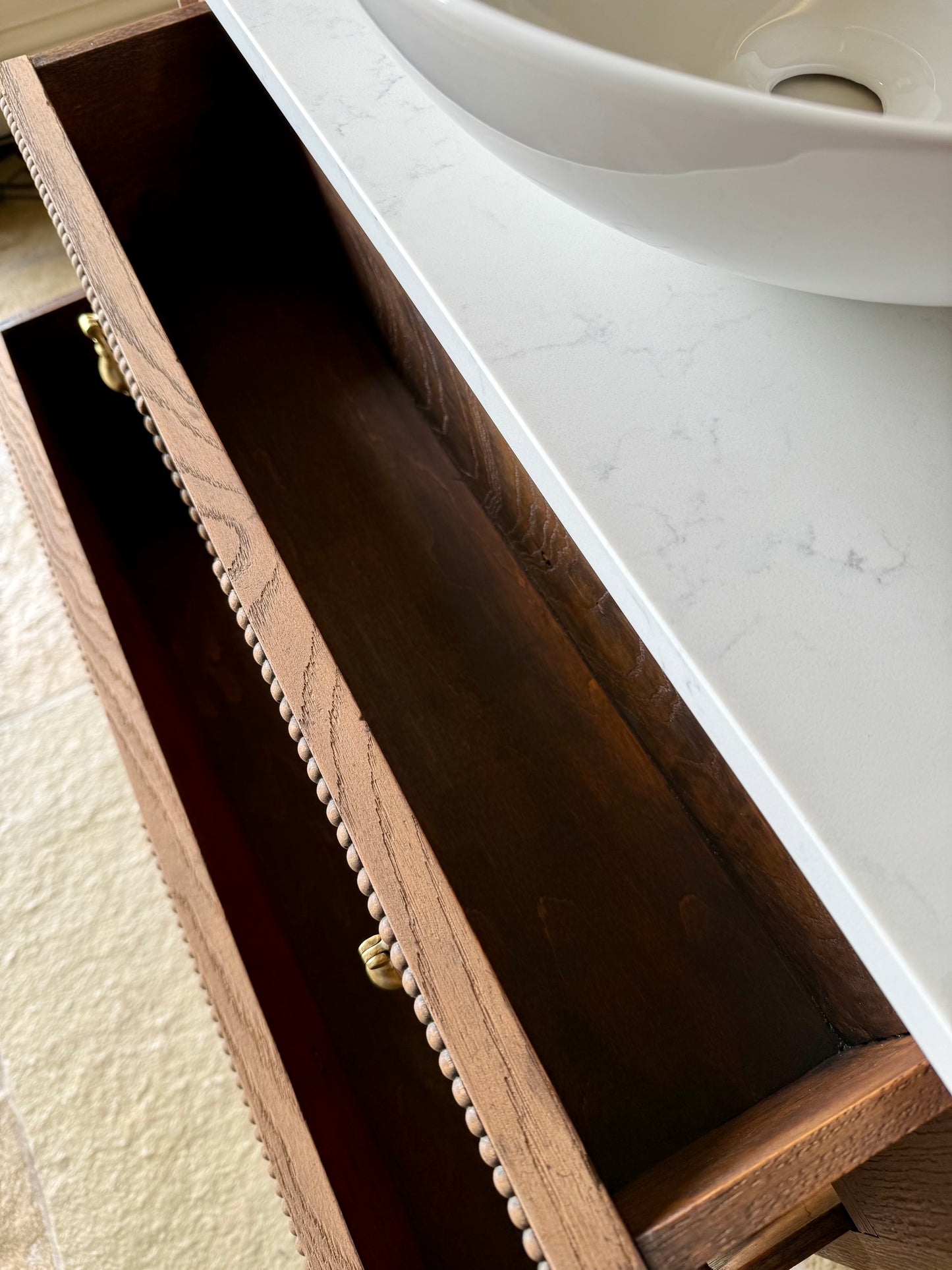 Single Oak Vanity, Carrara Quartz top, basin and Upstand. (78cm wide)