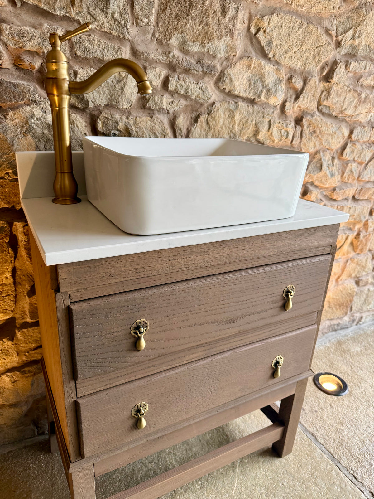 Small Vintage Oak Vanity Sink Unit, Quartz Top, Upstand and Basin (66cm wide)