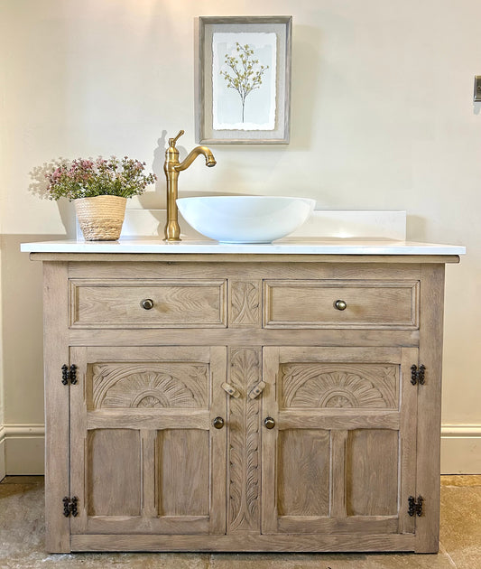 Large Single Oak Vanity Sink 109cm wide, quartz top, basin and Upstand