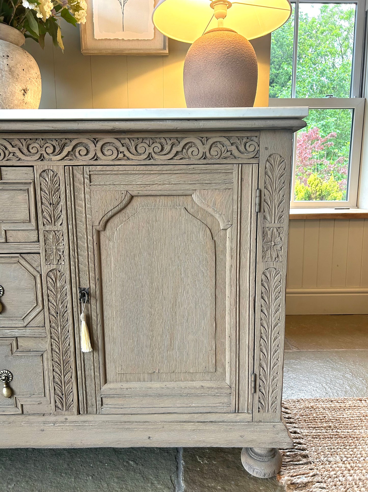 Large Antique Marble Quartz Top Sideboard finished in Weathered Oak Style.