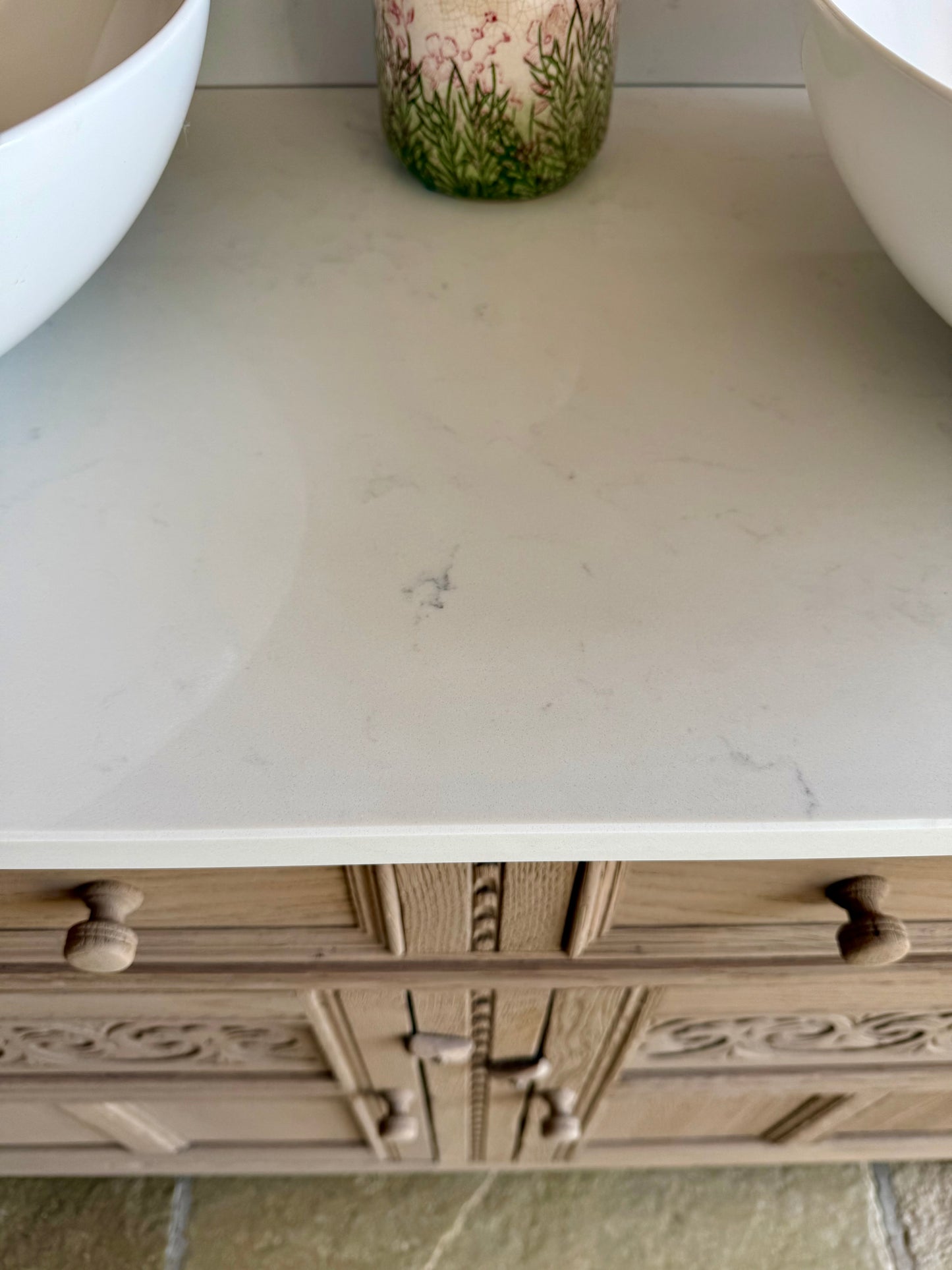 Vintage Light Oak Double/or Single Vanity Sink Unit, Quartz Top, Upstand and two basins (124cm wide)