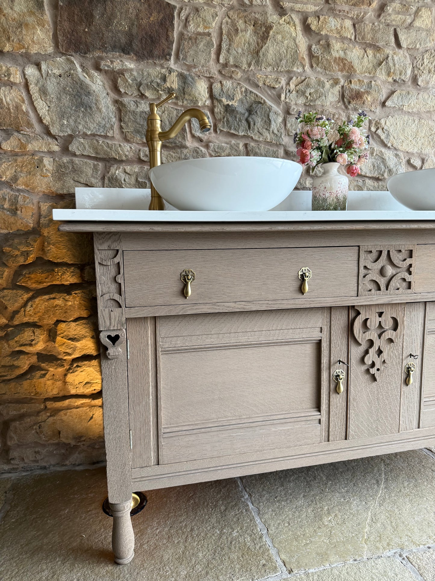 Vintage Oak Double Vanity Sink Unit, Carrara Quartz Top, Upstand and Basins (154cm wide) Finished in a Light Oak