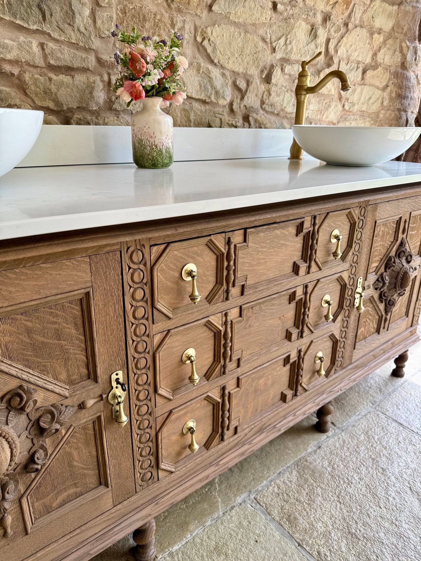 Large Carved Antique Solid Oak Vanity Sink Unit, Carrara Quartz Top, Upstand and TwoBasins.(182 cm wide)
