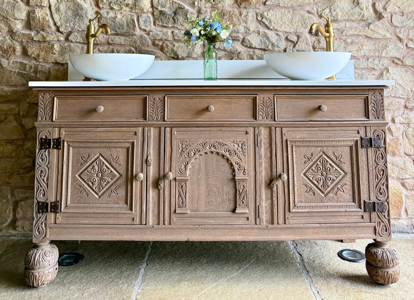 Rustic Antique Oak Vanity Sink Unit, Carrara Quartz Top, Upstand and Two Basins